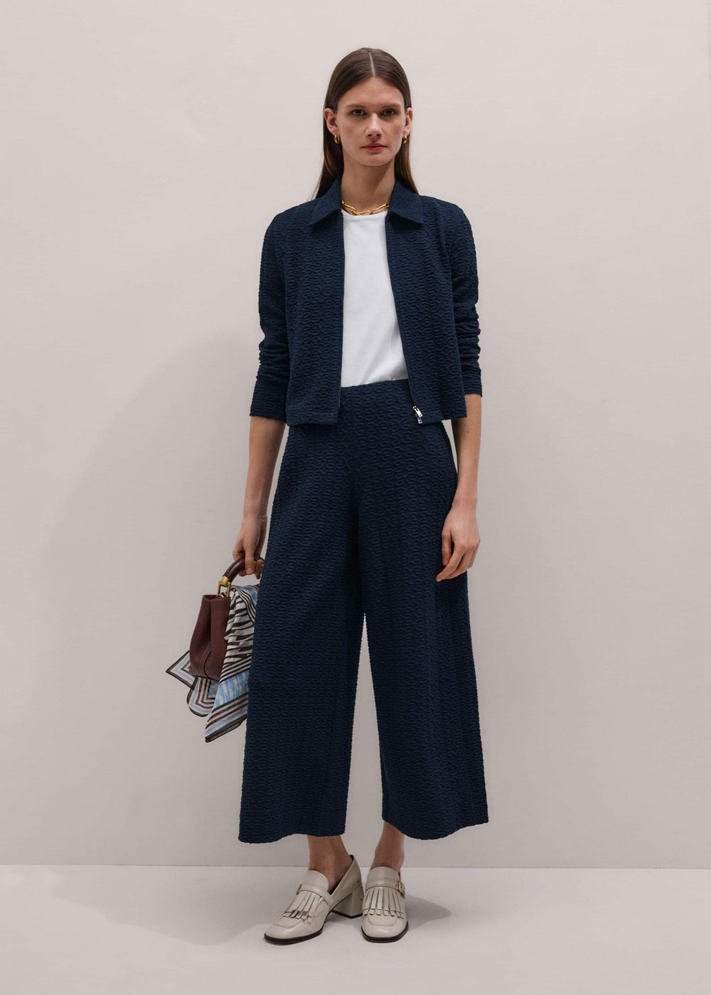 Navy Curling Crosses Jacquard Textured Zip Top meandem