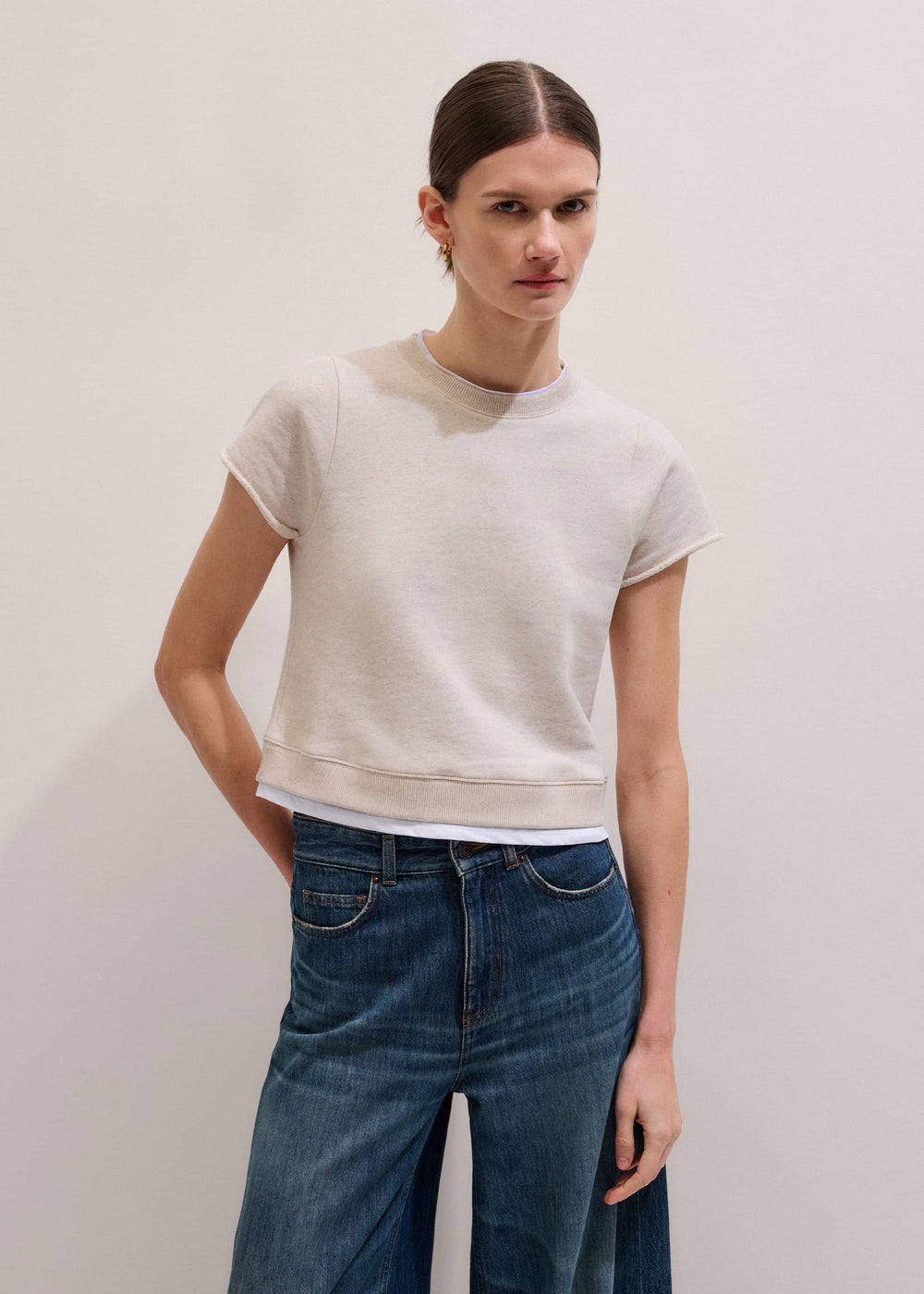 Oatmeal Double Layer Short Sleeve Sweatshirt meandem