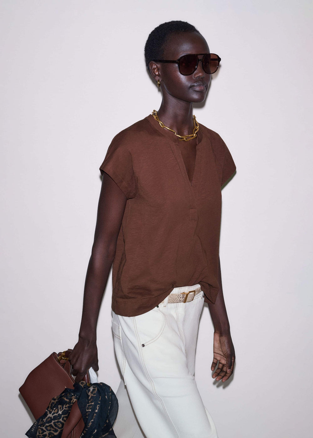 Cinnamon Open Placket V-Neck Swing Top meandem