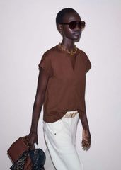 Cinnamon Open Placket V-Neck Swing Top meandem