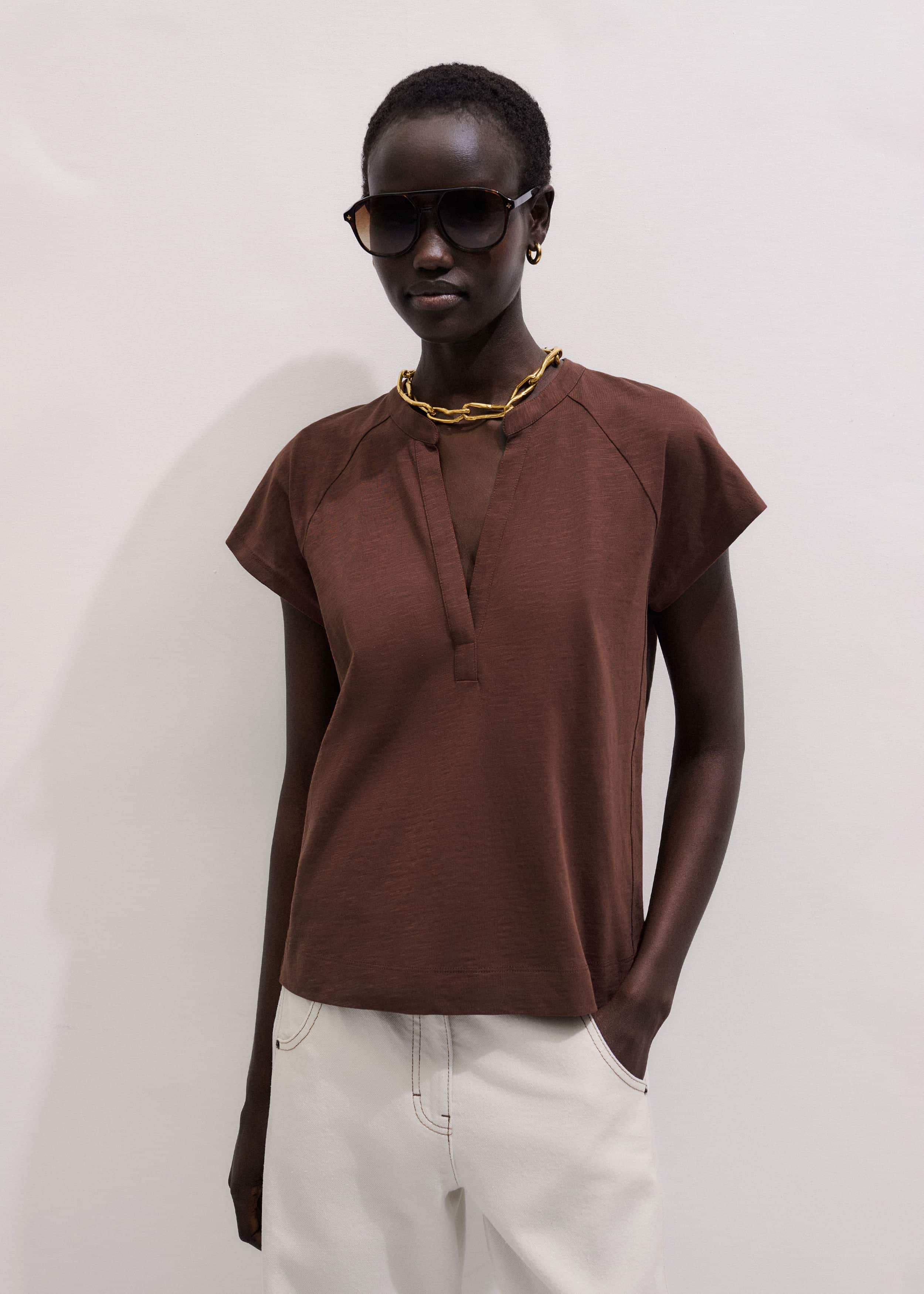 Cinnamon Open Placket V-Neck Swing Top meandem