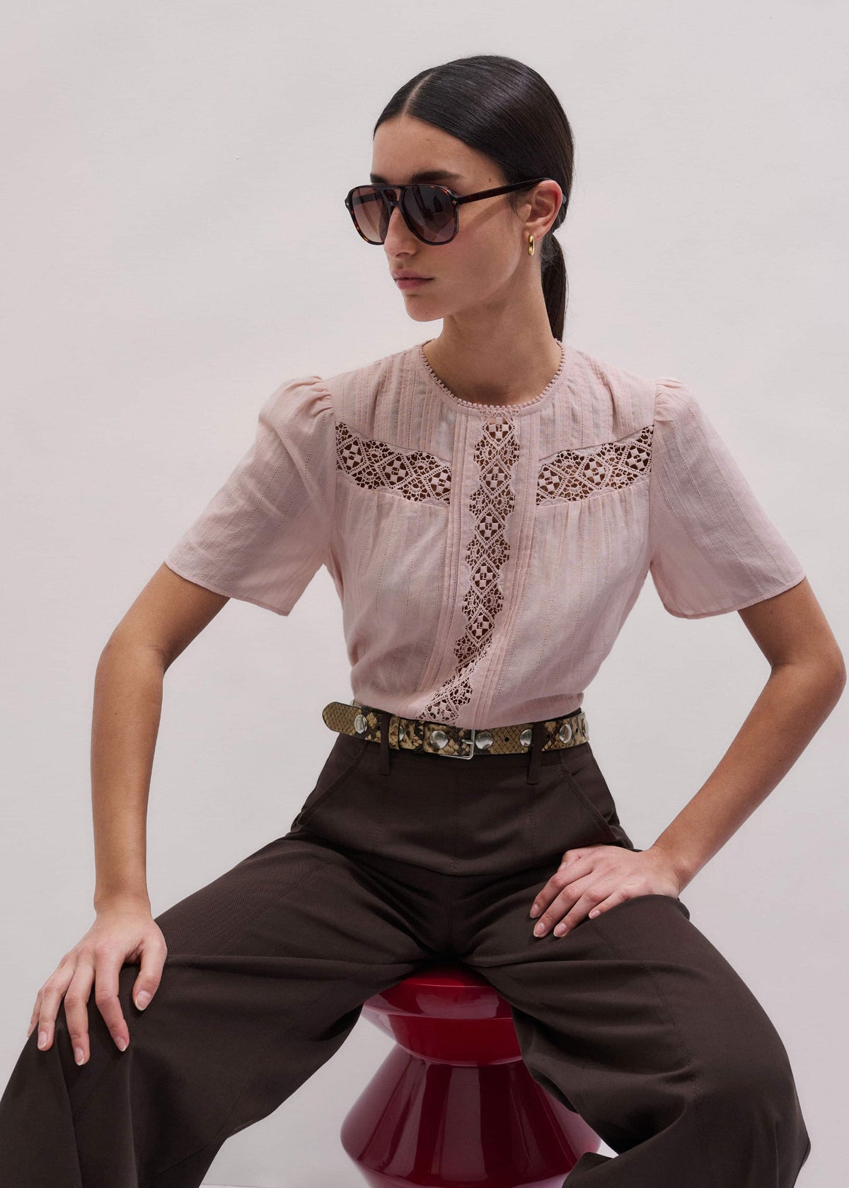 Pink Embroidered Cutout Tee meandem