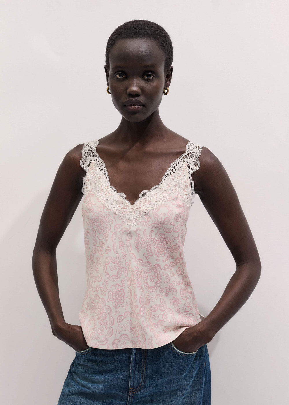 Cream Silk Satin Entangled Lace Trim Cami Top meandem