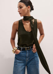 Olive Green Silk Satin Evening Tank Top meandem