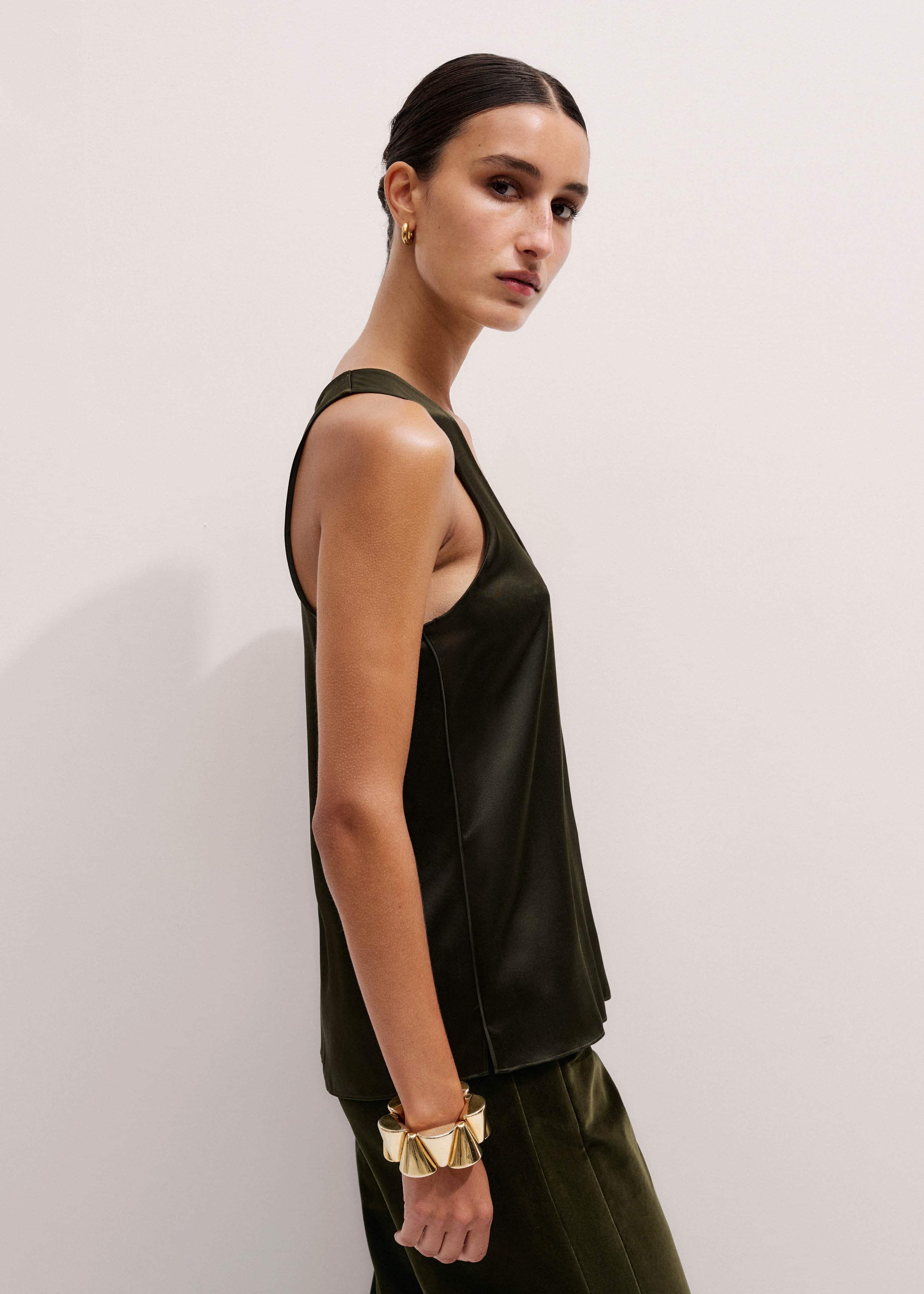 Olive Green Silk Satin Evening Tank Top meandem