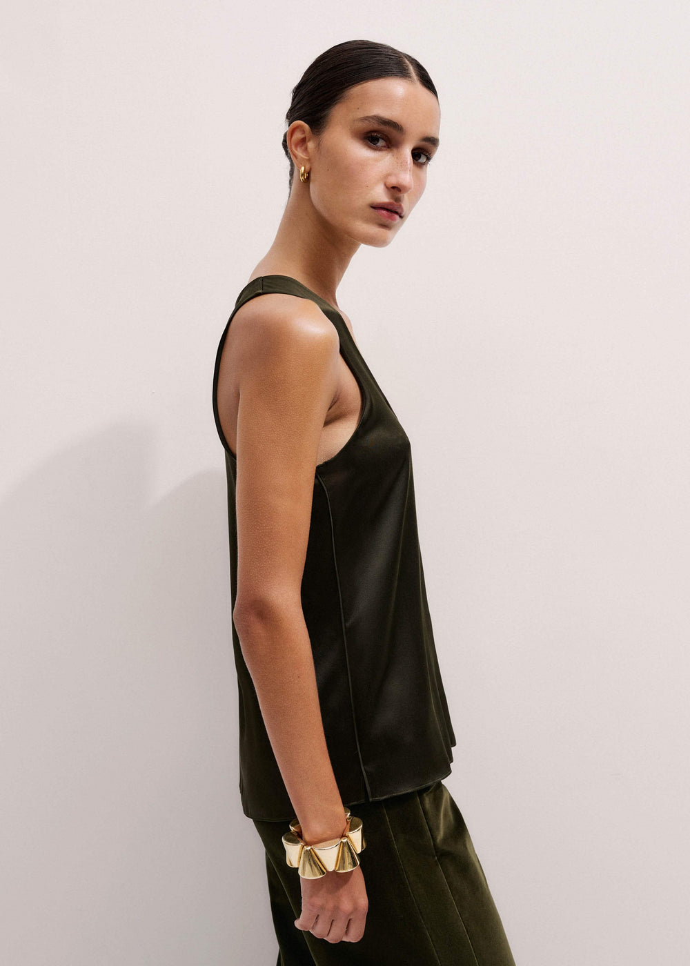 Olive Green Silk Satin Evening Tank Top meandem