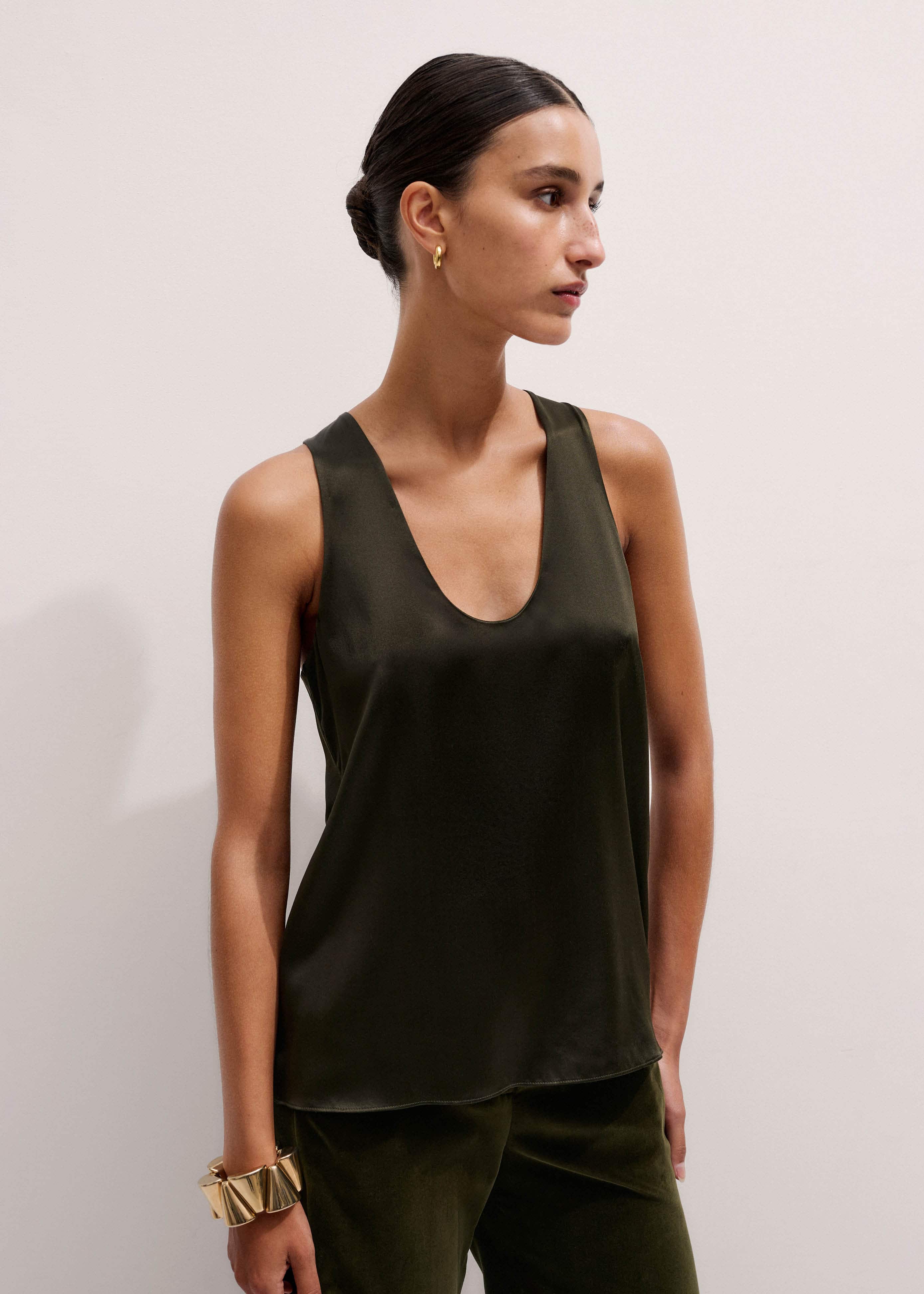 Olive Green Silk Satin Evening Tank Top meandem