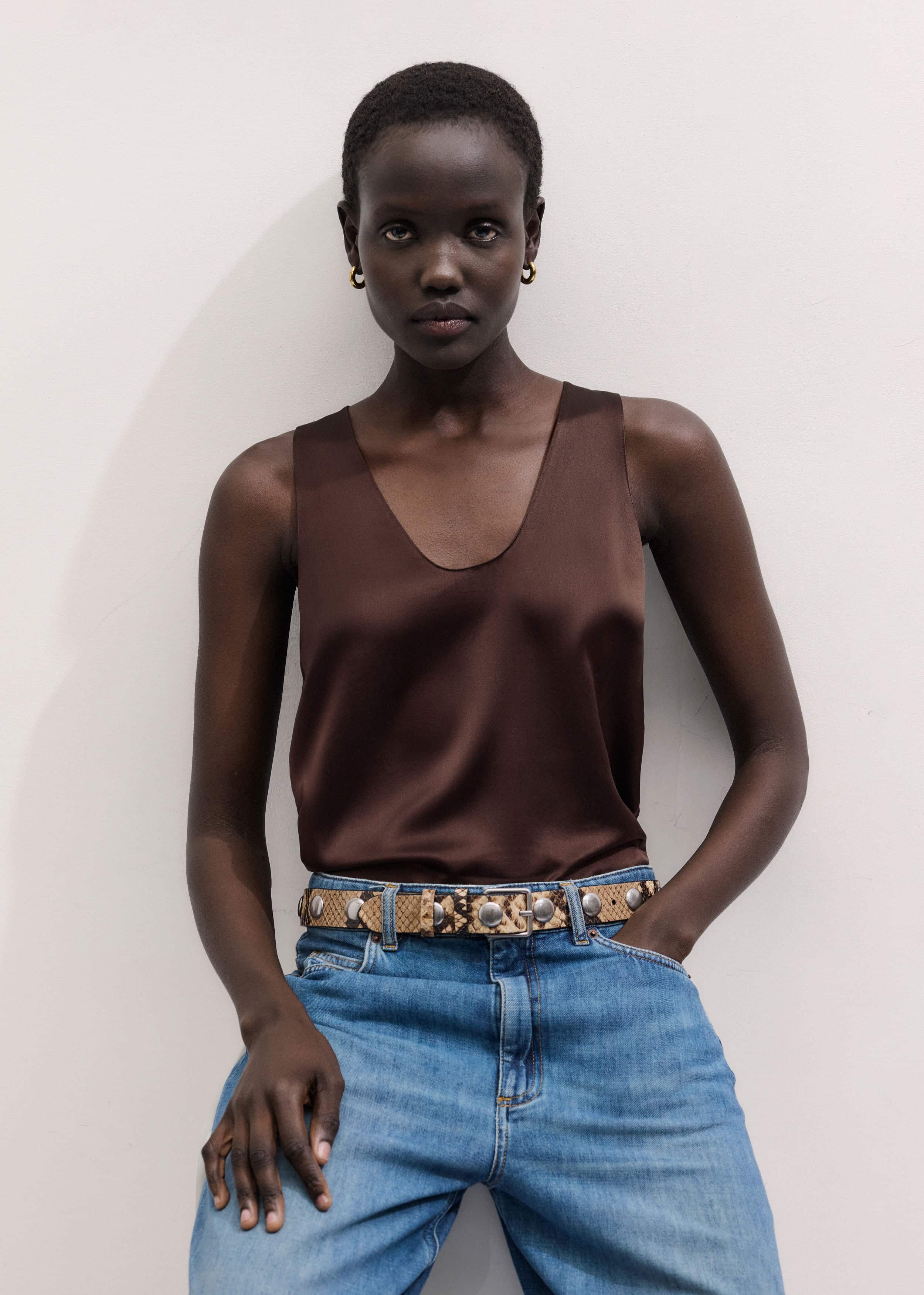Brown Silk Satin Fluid Evening Tank meandem