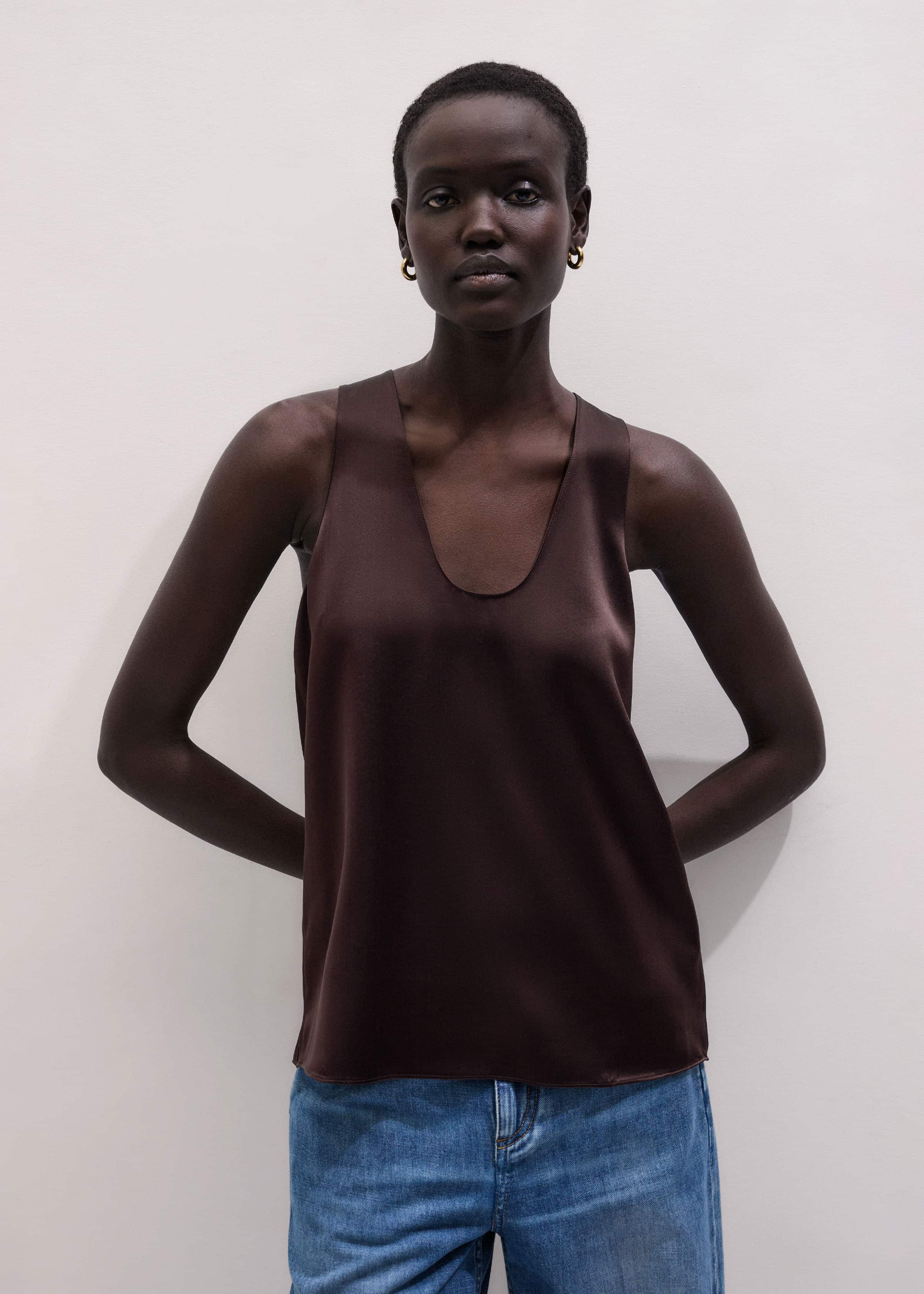 Brown Silk Satin Fluid Evening Tank meandem