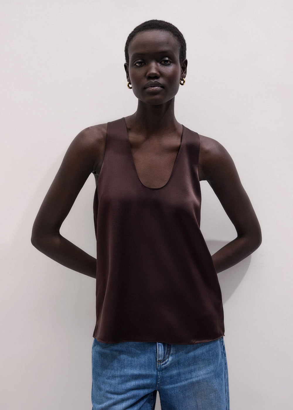Brown Silk Satin Fluid Evening Tank meandem