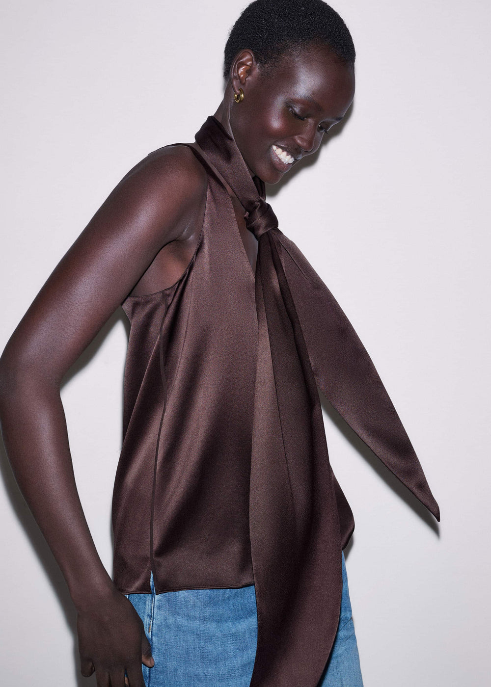Brown Silk Satin Fluid Evening Tank meandem