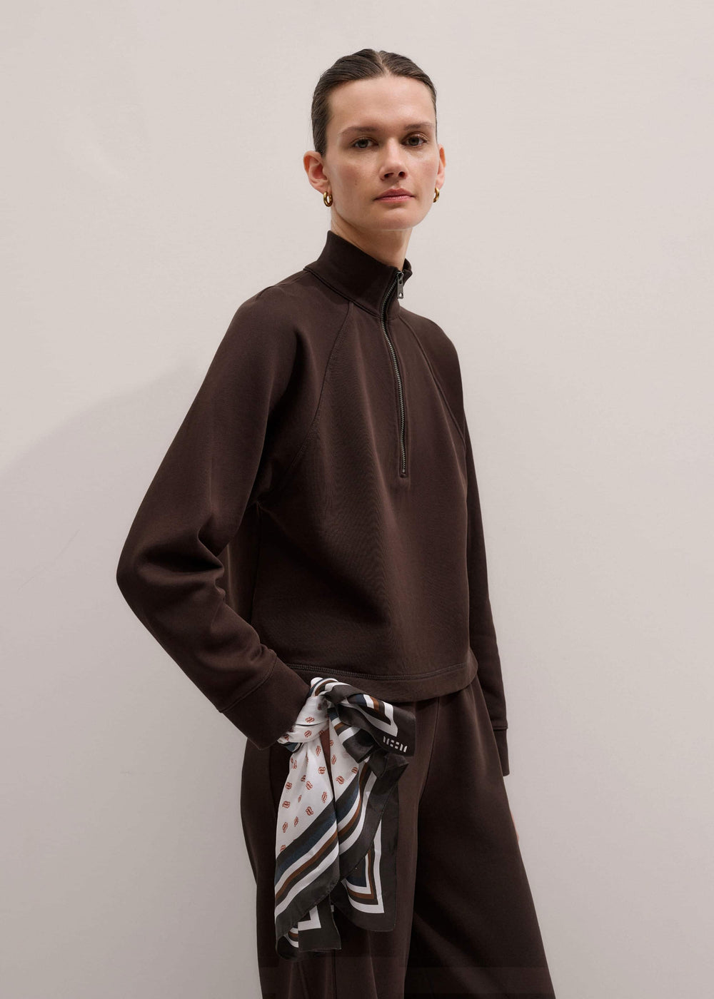 Brown Sweatshirt Cropped Funnel Neck Top meandem
