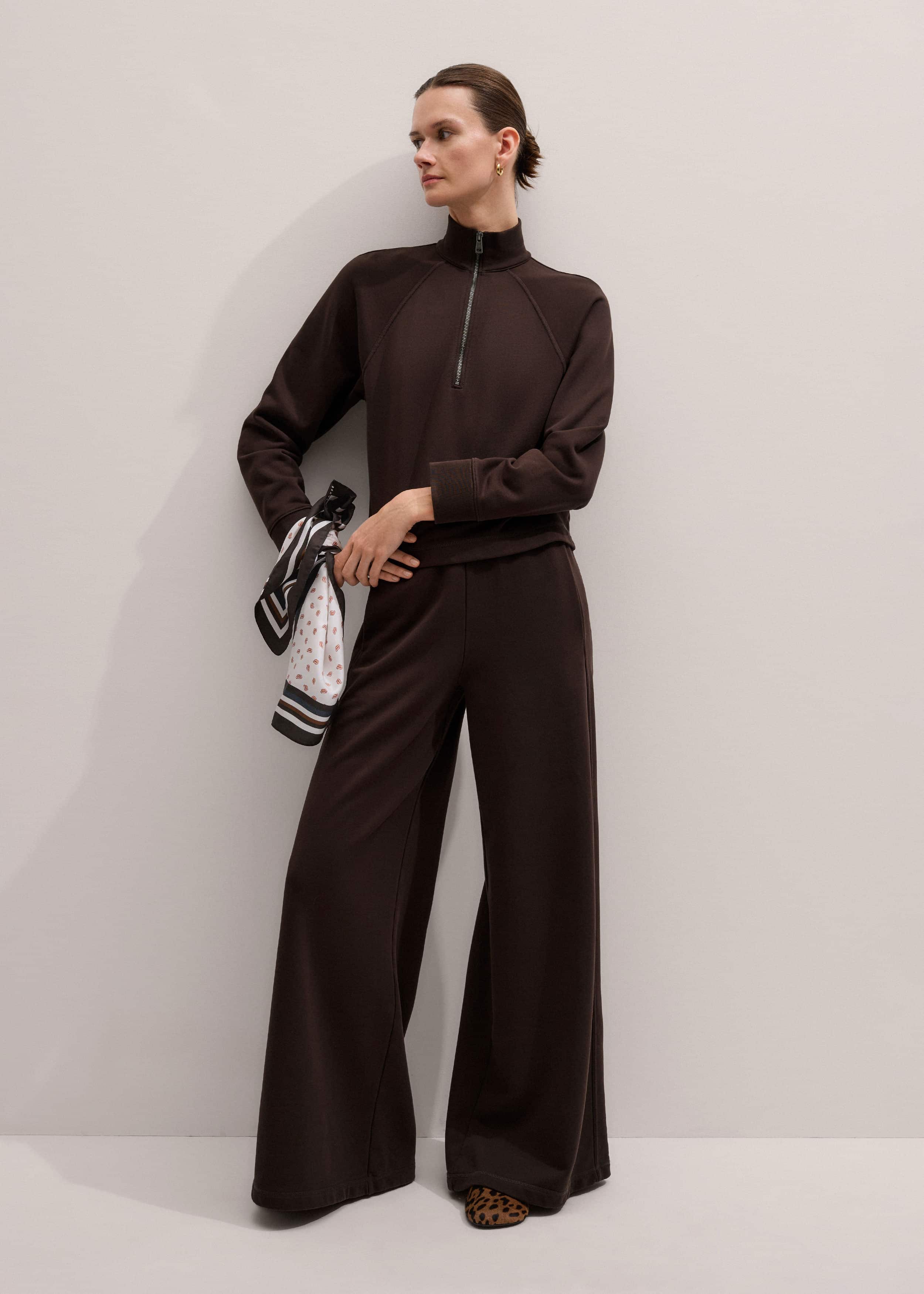 Brown Sweatshirt Cropped Funnel Neck Top meandem