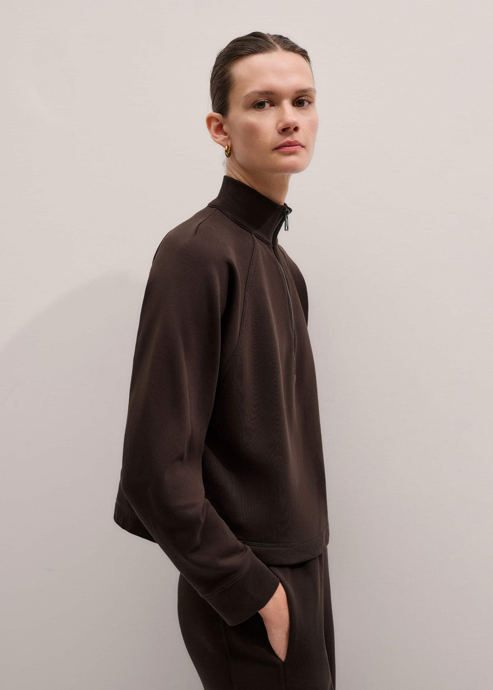 Brown Sweatshirt Cropped Funnel Neck Top meandem