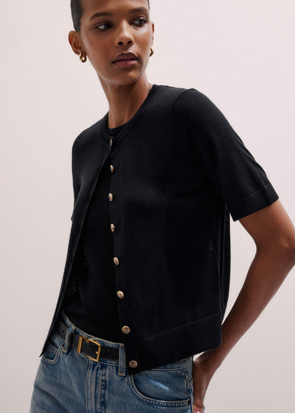 Black Merino Cashmere Barely There Buttoned Knit Tee meandem