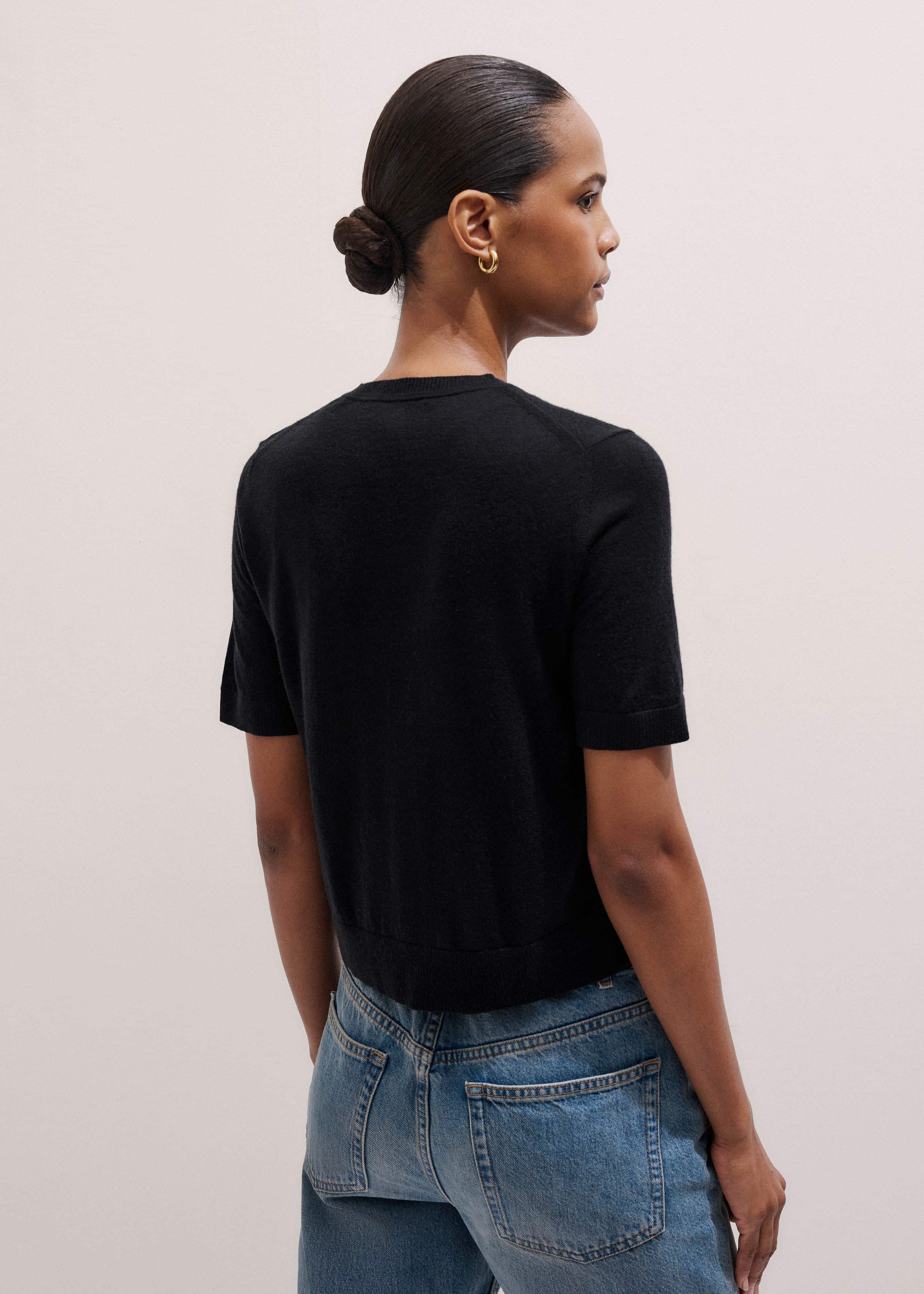 Black Merino Cashmere Barely There Buttoned Knit Tee meandem