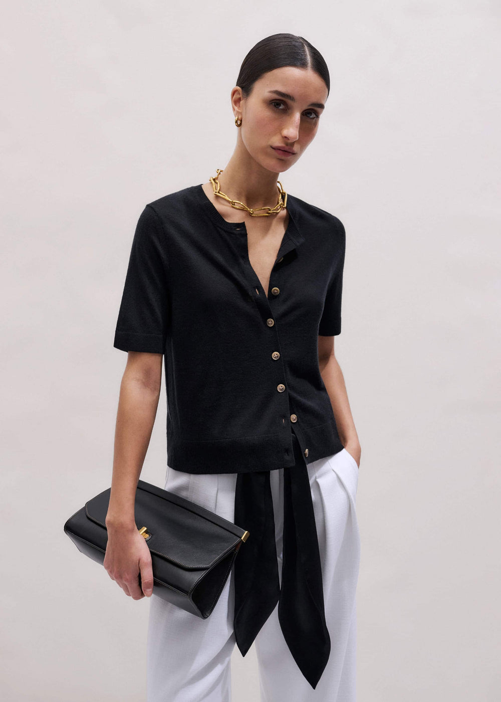 Black Merino Cashmere Barely There Buttoned Knit Tee meandem