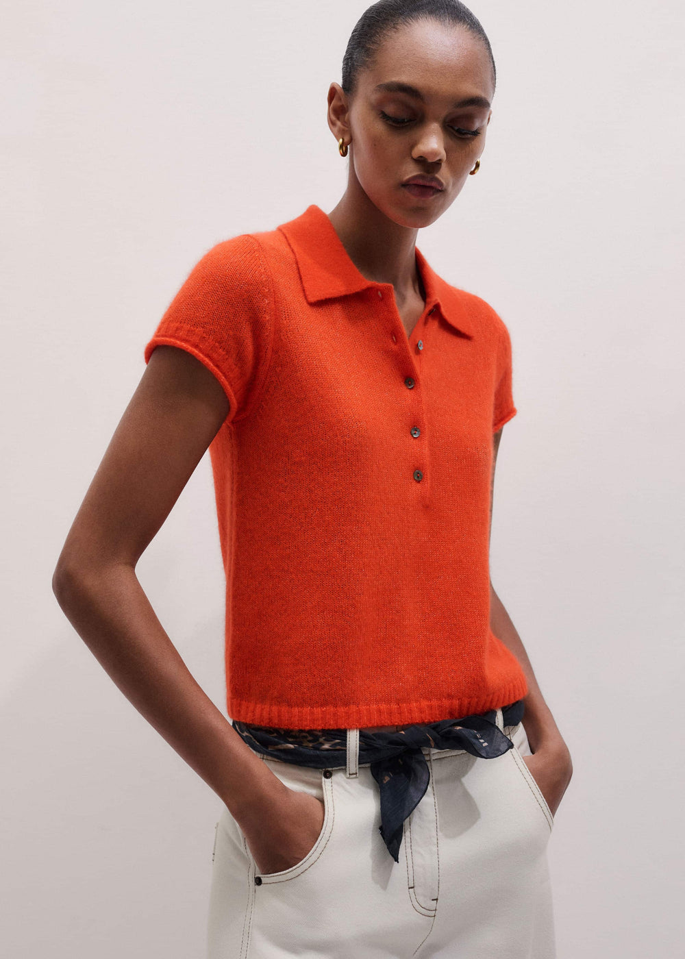 Orange Merino Cashmere Silk Straight Polo Tee meandem