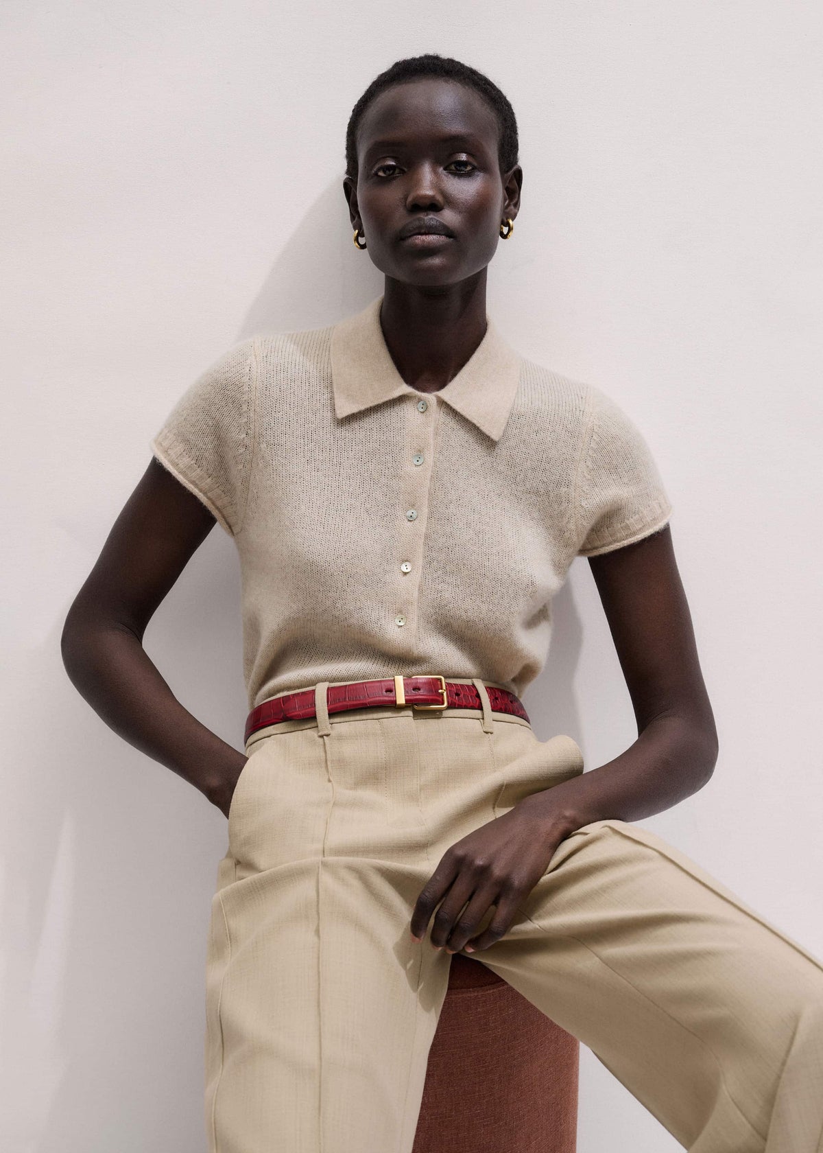 Oatmeal Merino Cashmere Silk Straight Polo Tee meandem
