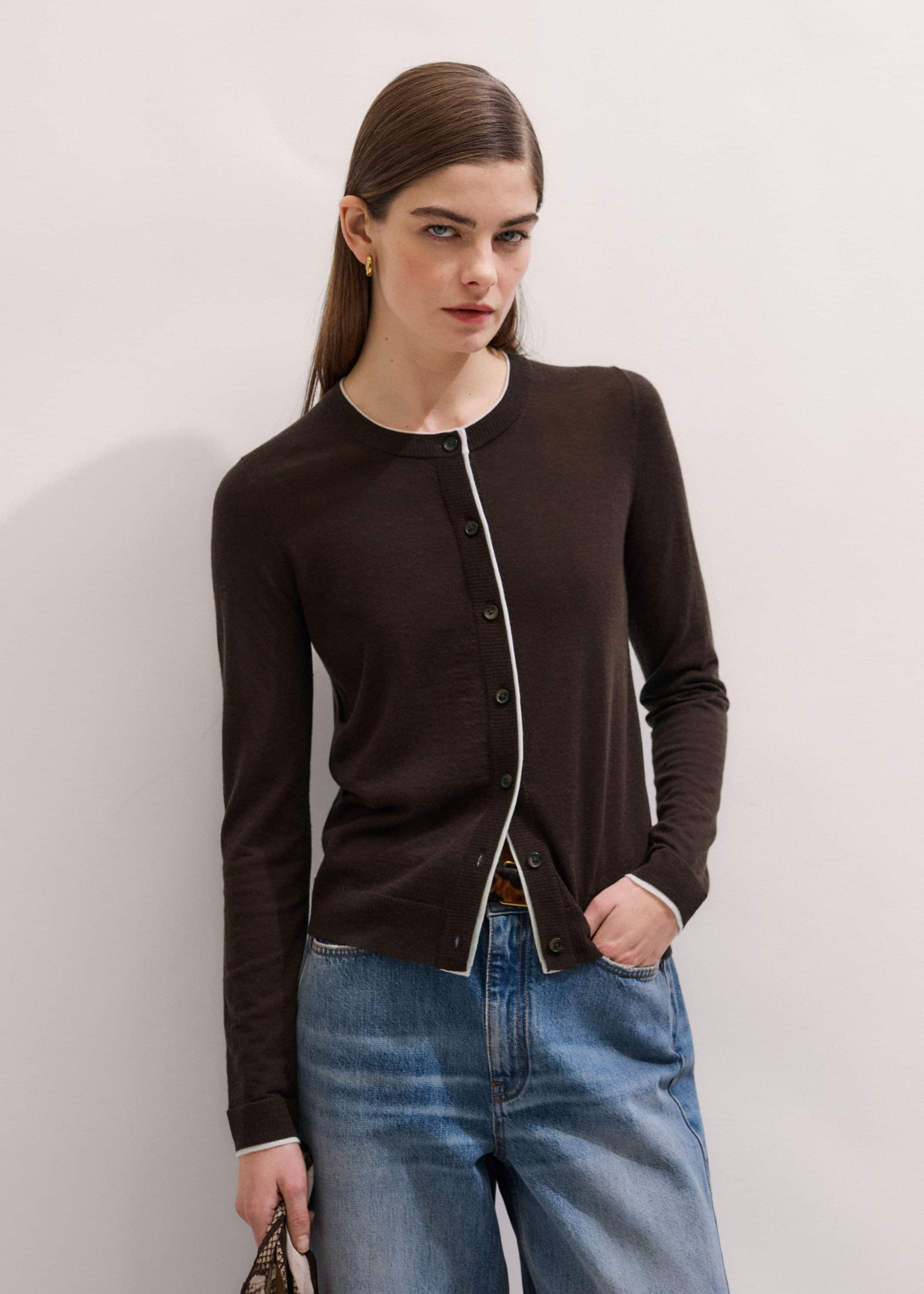 Brown Barely There Contrast Slim Cardigan meandem