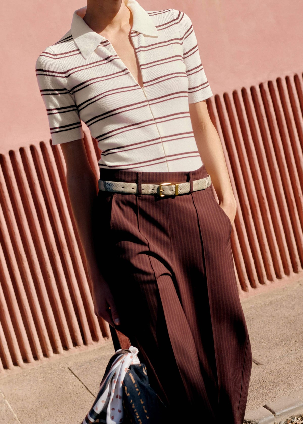 Cream Two-Way Zip Stripe Slim Tee meandem
