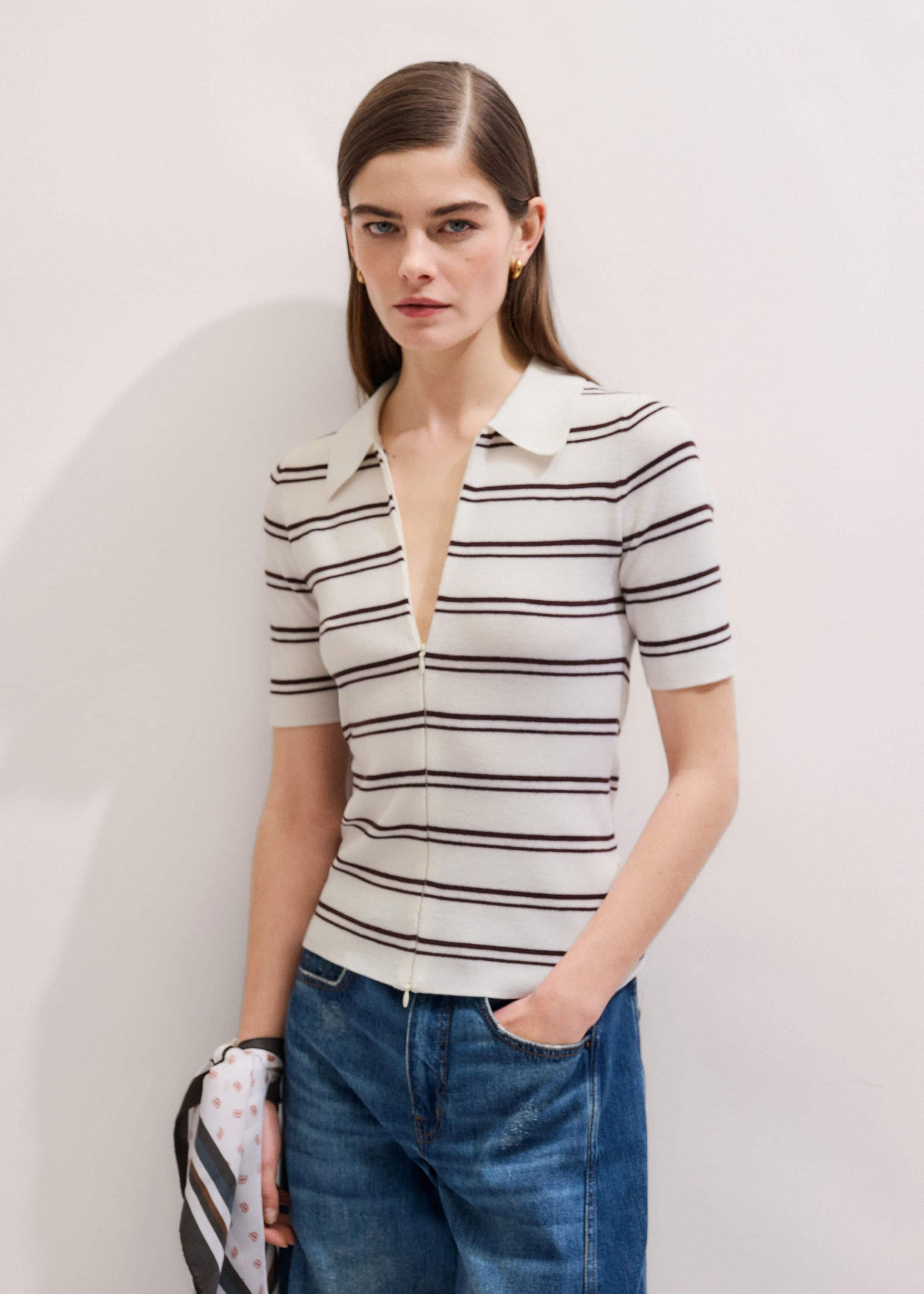 Cream Two-Way Zip Stripe Slim Tee meandem