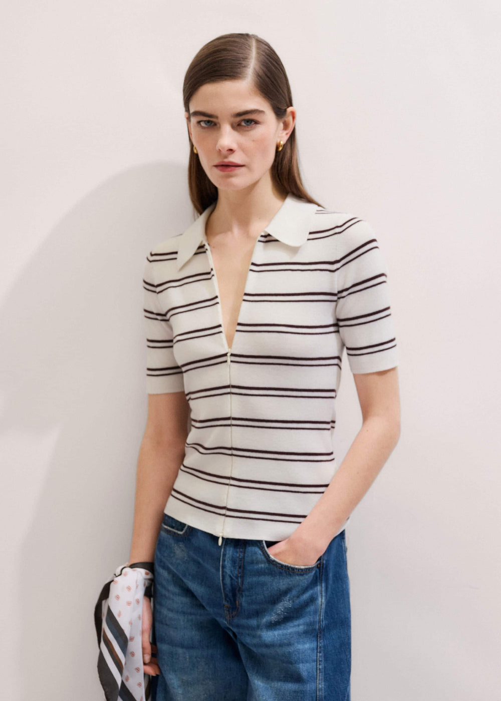 Cream Two-Way Zip Stripe Slim Tee meandem