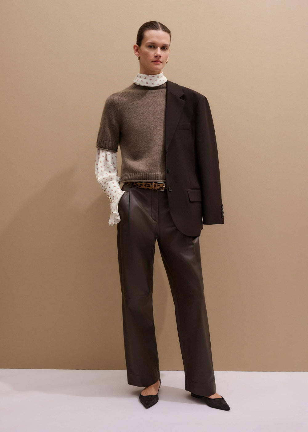Brown Cashmere Roll Trim Knit Tee meandem