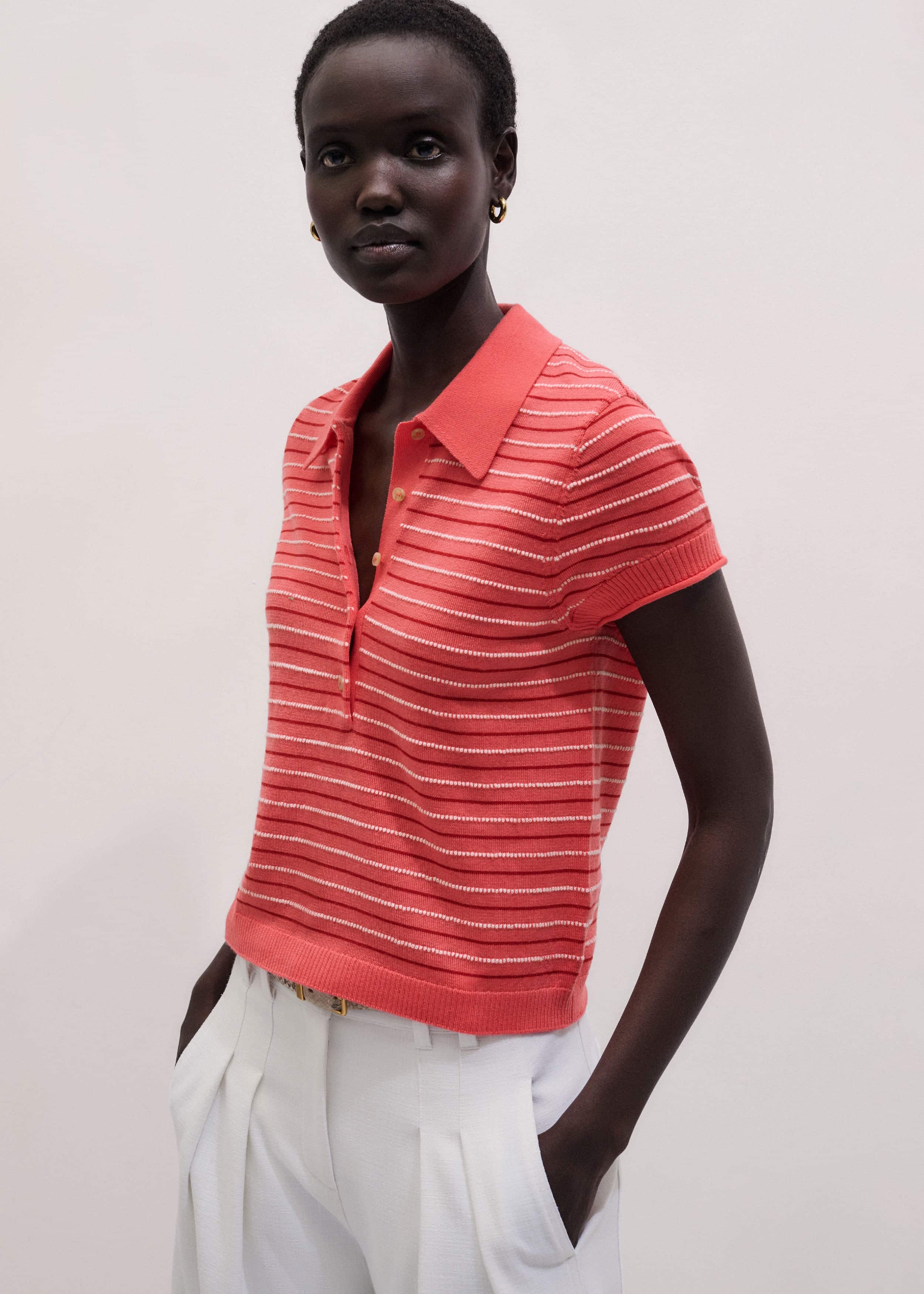 Pink Textured Stripe Straight Sporty Smart Polo Tee meandem