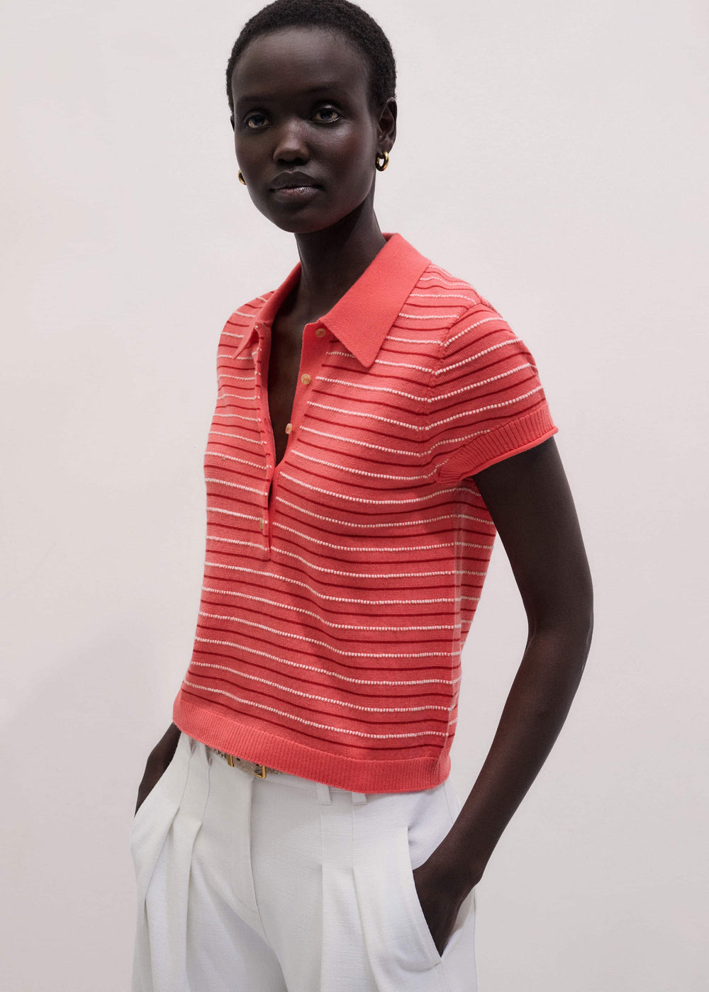 Pink Textured Stripe Straight Sporty Smart Polo Tee meandem