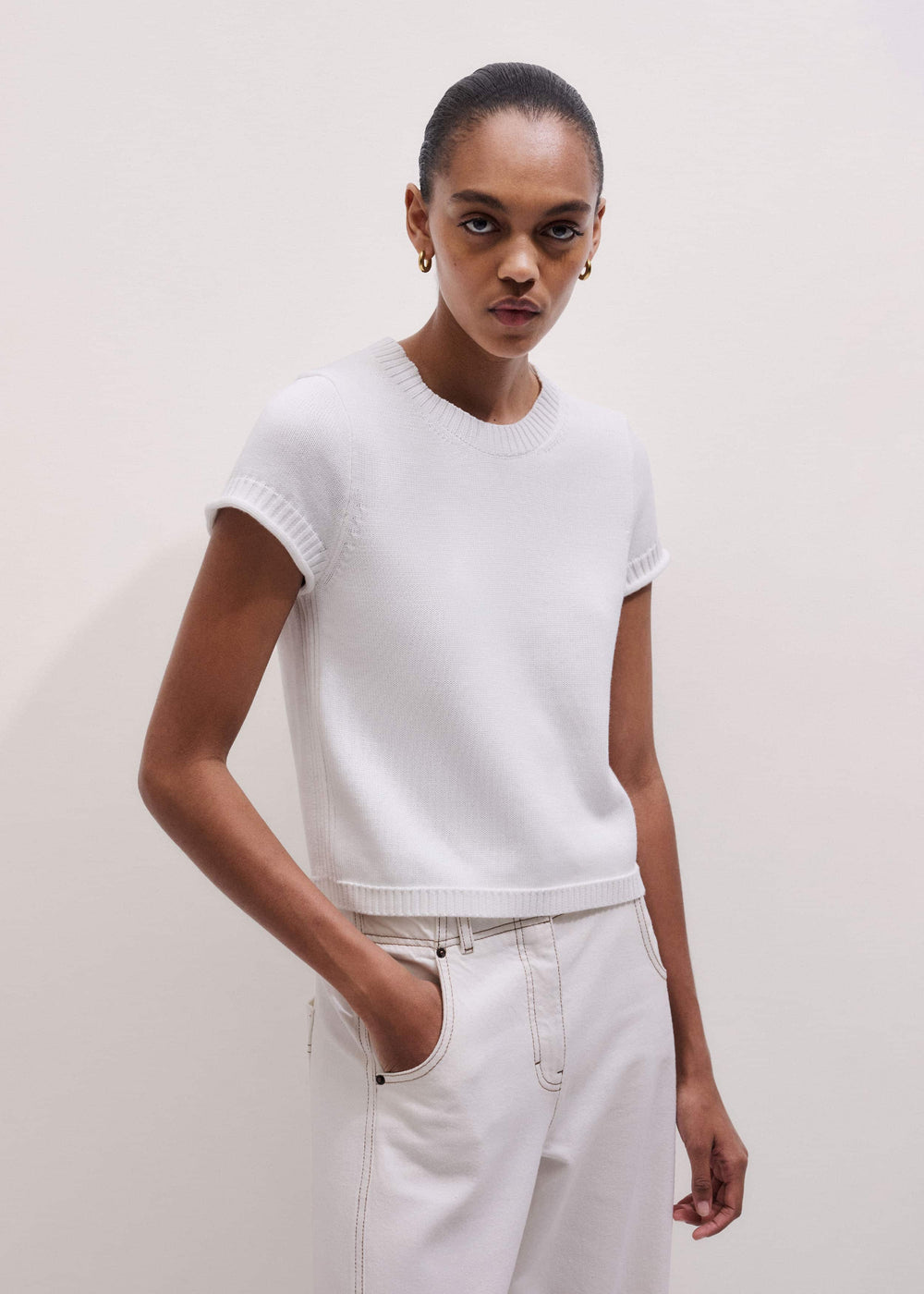 White Shrunken Straight Knit Baby Tee meandem