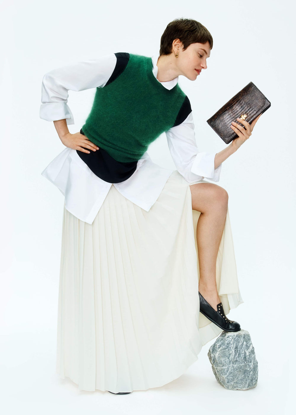Green Brushed Cashmere High Neck Slim Sweater Vest meandem