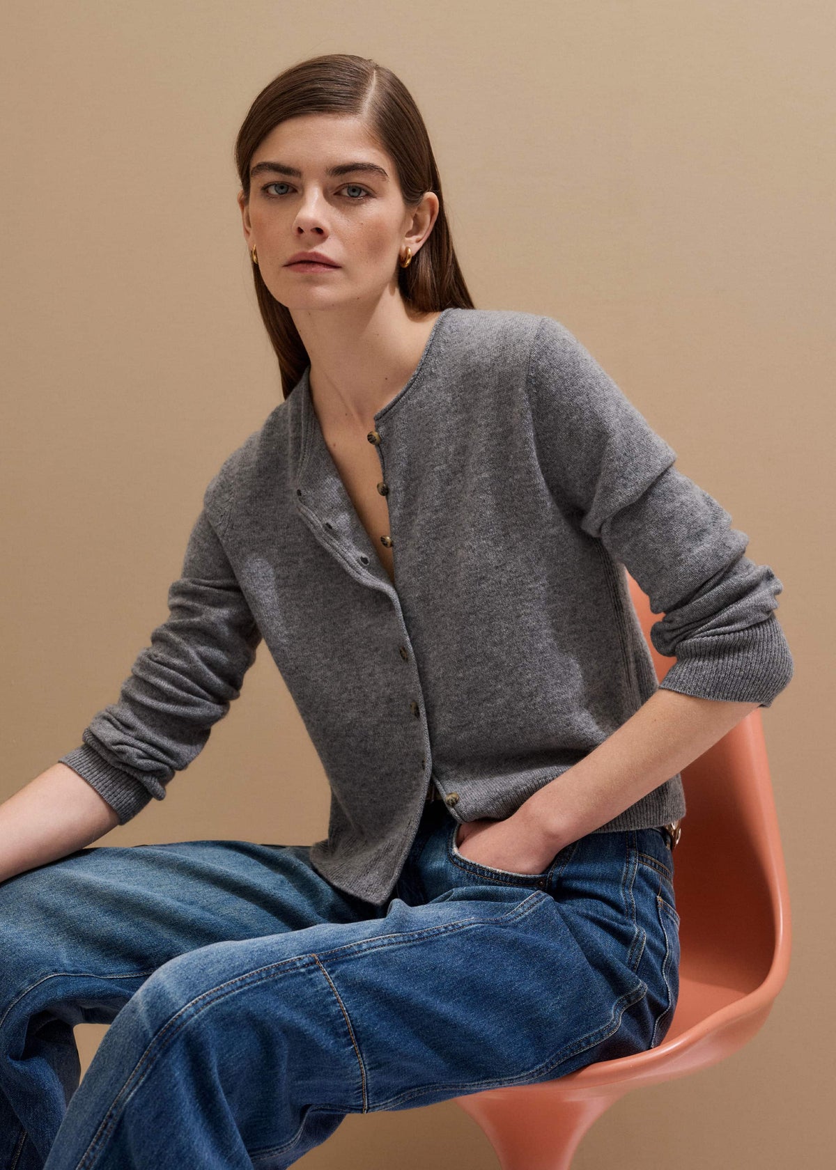Gray Cashmere Roll Trim Straight Cardigan meandem