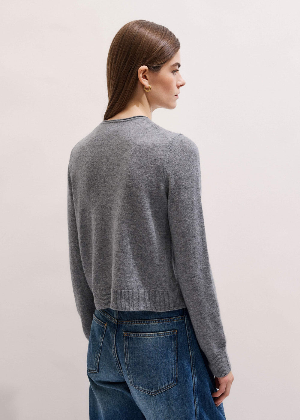 Gray Cashmere Roll Trim Straight Cardigan meandem