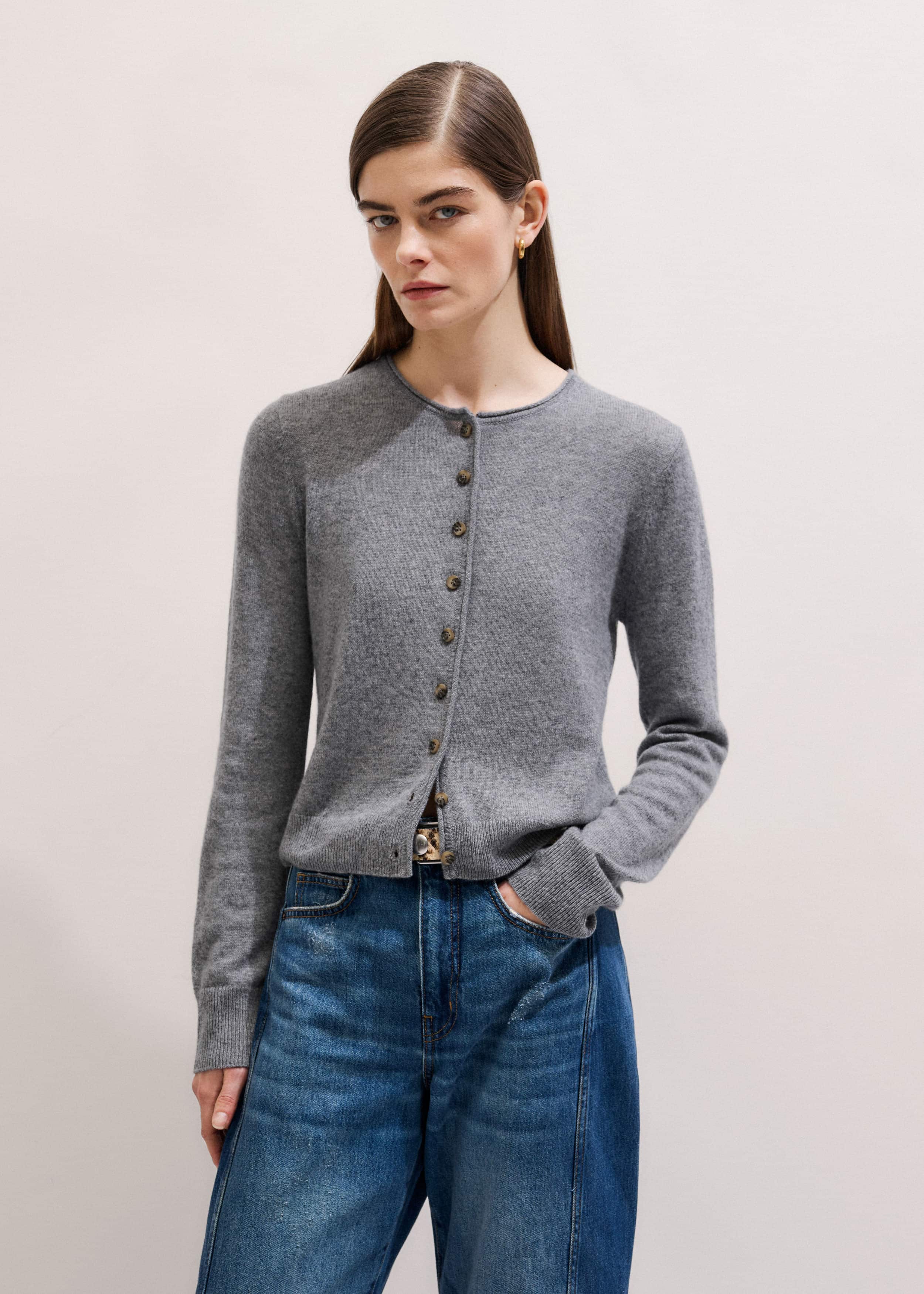 Gray Cashmere Roll Trim Straight Cardigan meandem