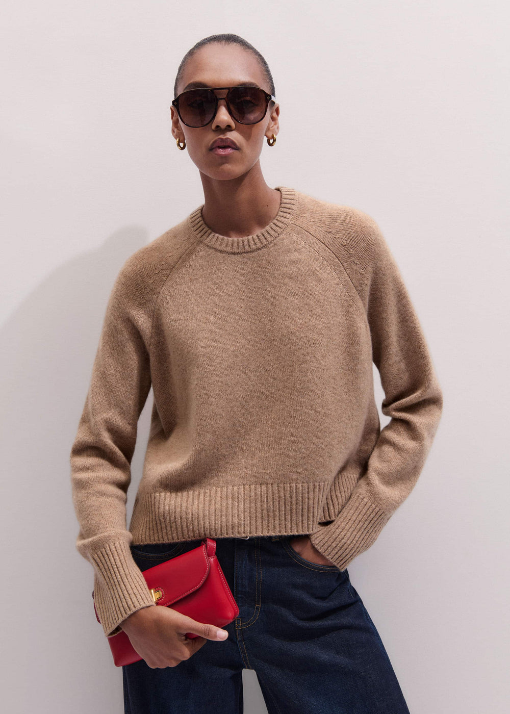 Brown Cashmere Curved Hem Raglan Sweater + Snood meandem