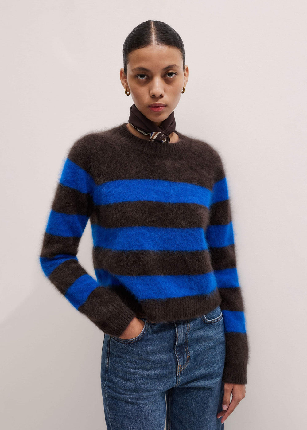Brown Brushed Cashmere Stripe Crop Jumper meandem