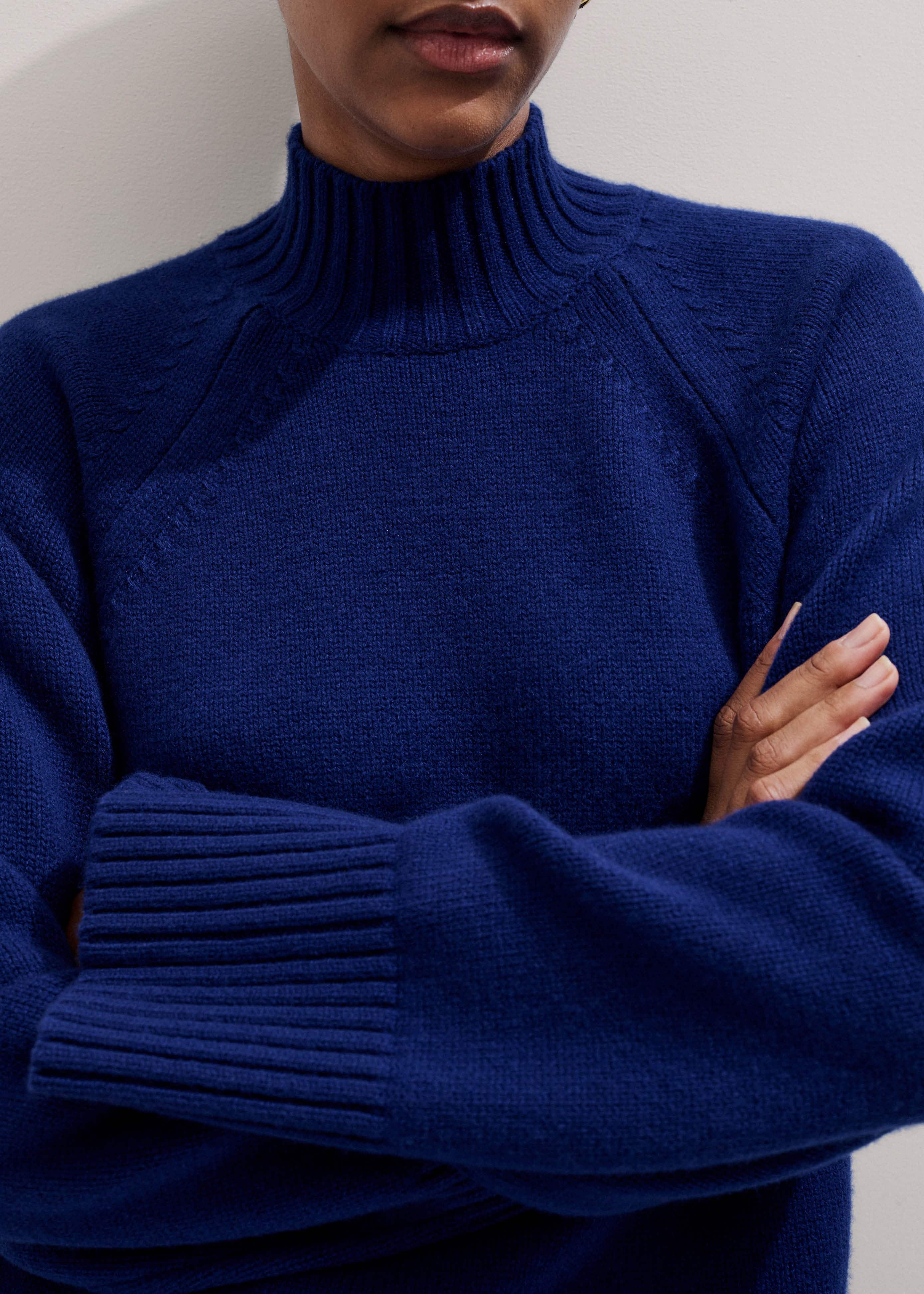 Blue High Neck Relaxed Raglan Sweater meandem