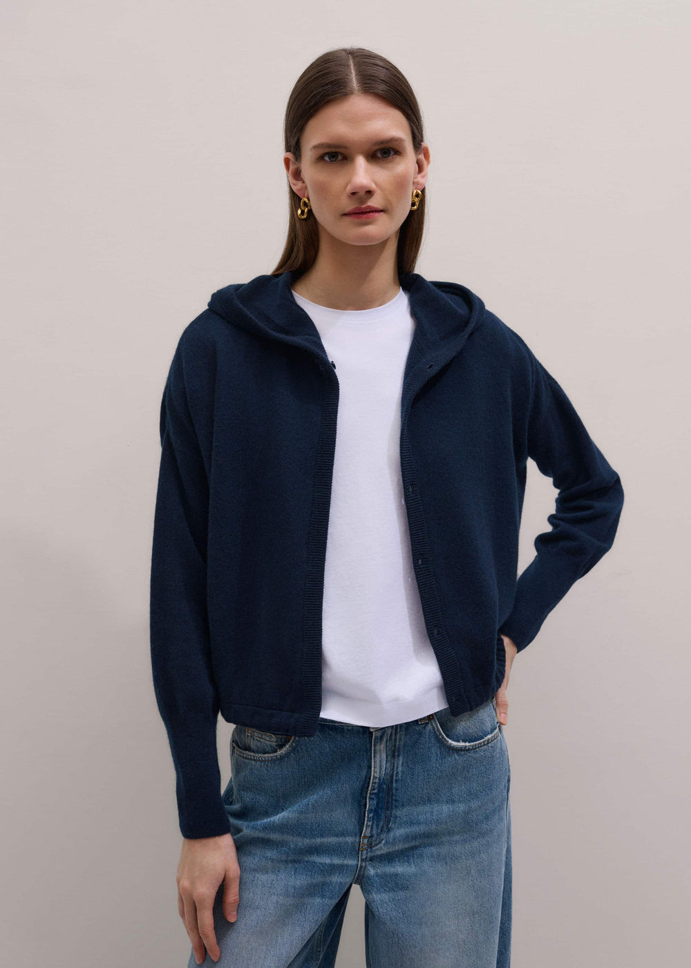 Dark Navy Cashmere Drop Shoulder Box Crop Hoodie meandem