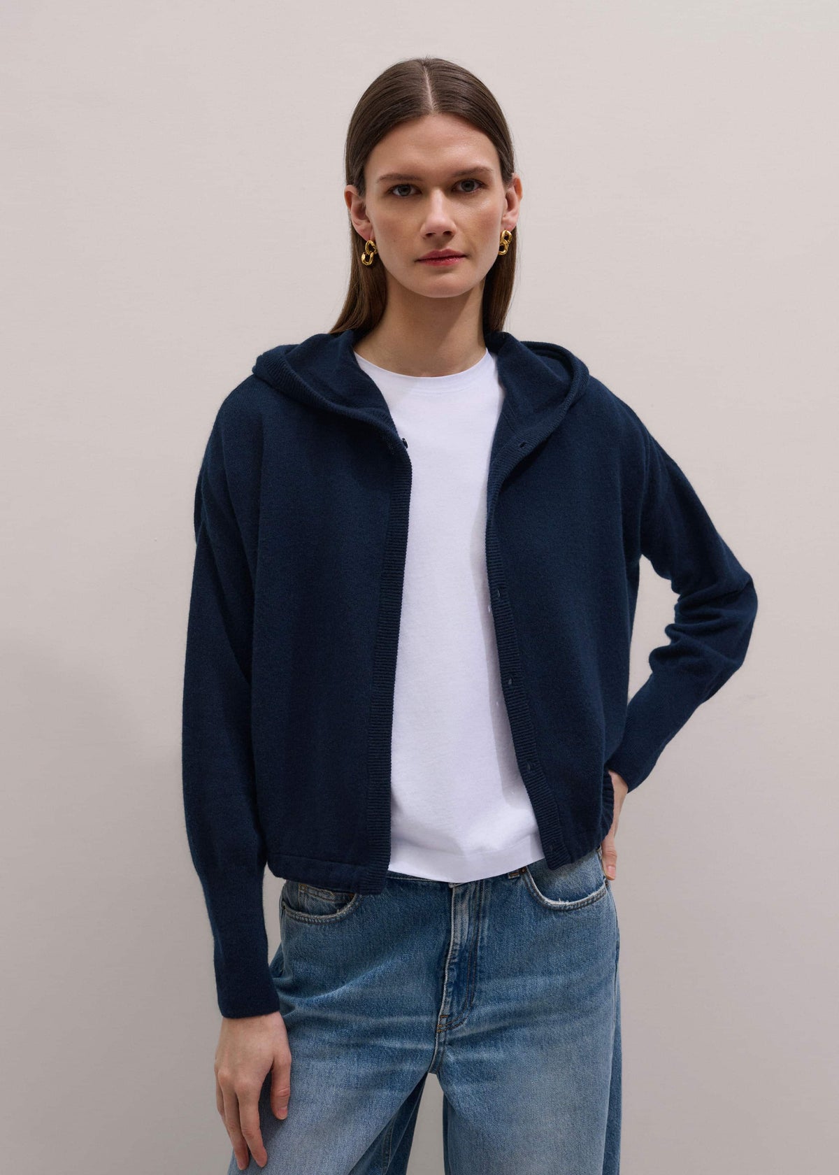Dark Navy Cashmere Drop Shoulder Box Crop Hoodie meandem