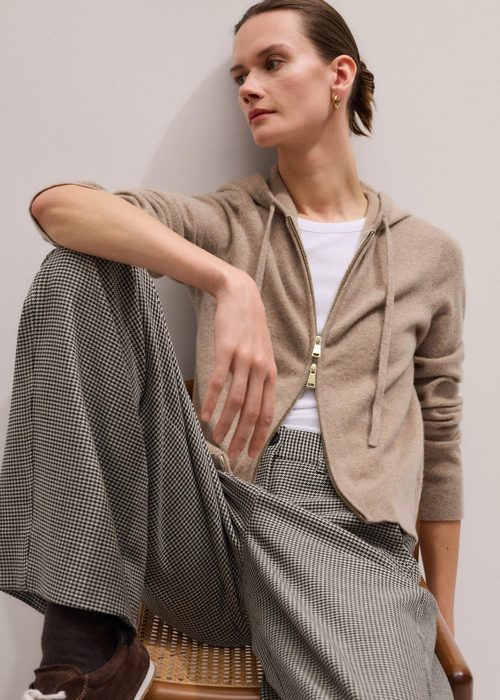 Light Brown Cashmere Two-Way Zip Straight Hoodie meandem