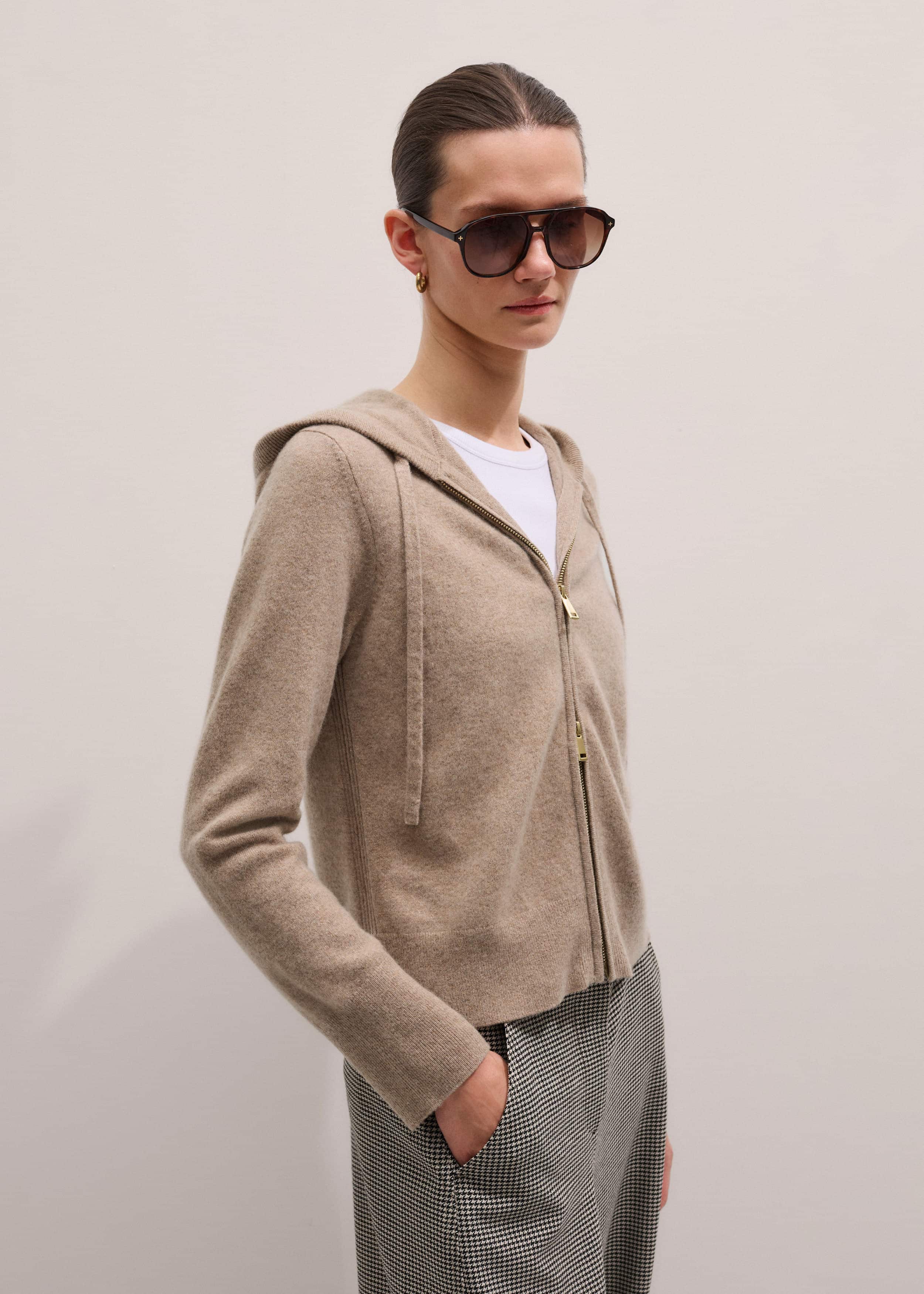 Light Brown Cashmere Two-Way Zip Straight Hoodie meandem