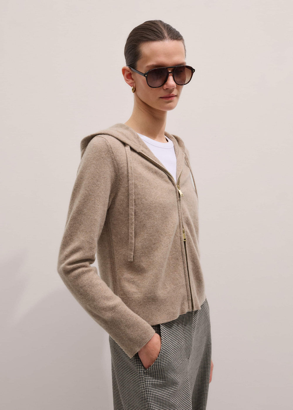 Light Brown Cashmere Two-Way Zip Straight Hoodie meandem