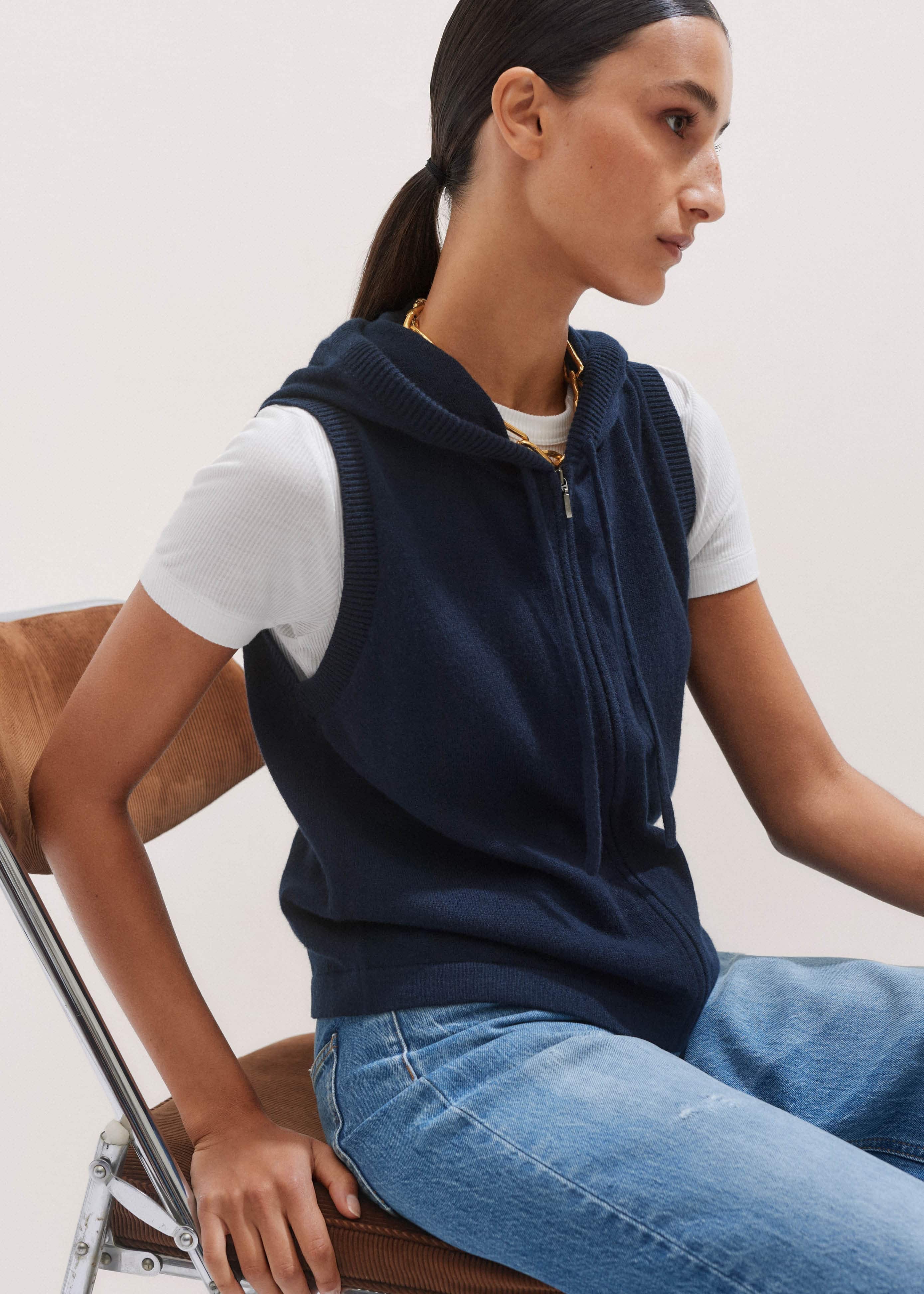 Navy Icon Cashmere Sleeveless Blazer Hoodie | Knitwear meandem