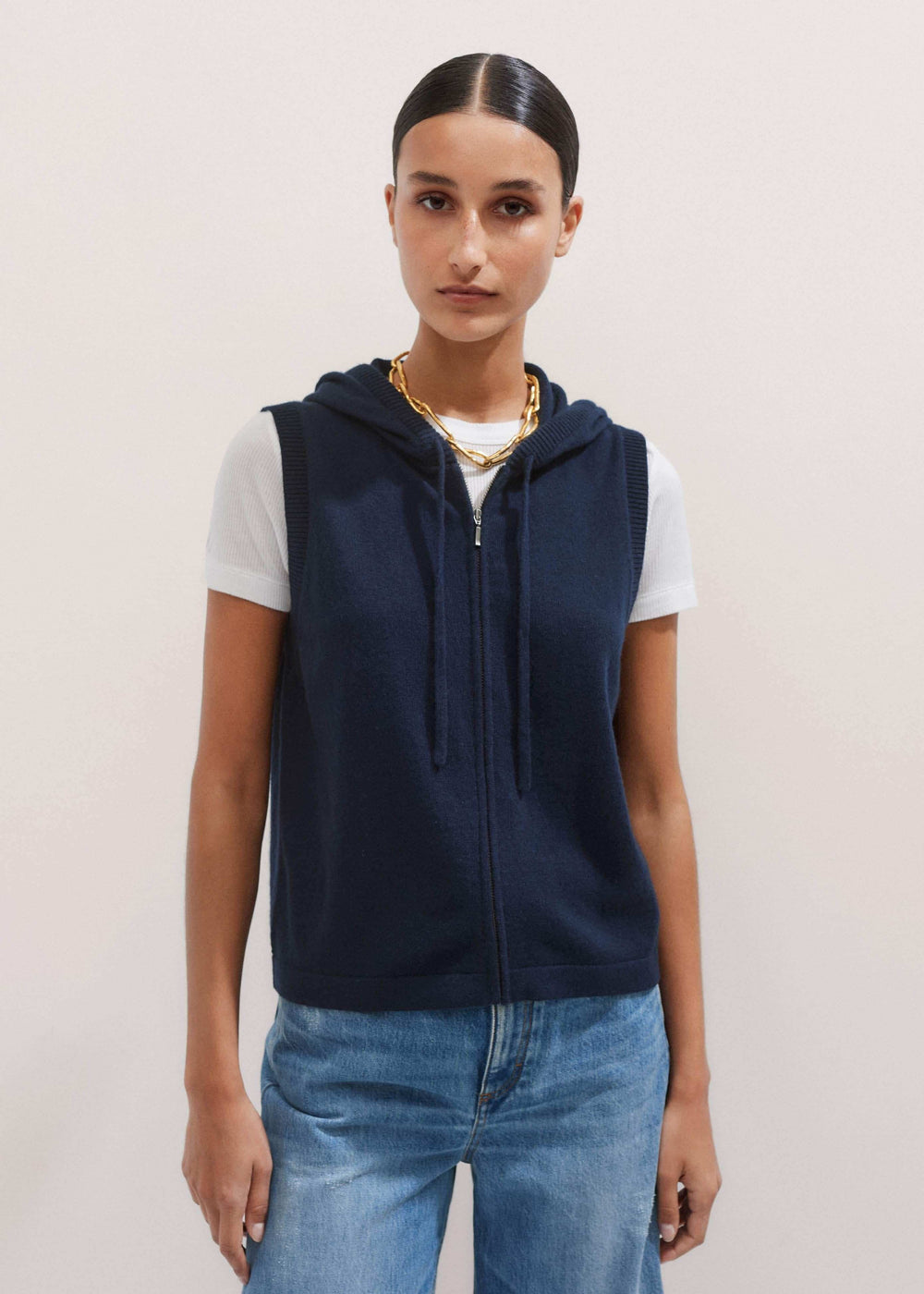 Navy Icon Cashmere Sleeveless Blazer Hoodie | Knitwear meandem