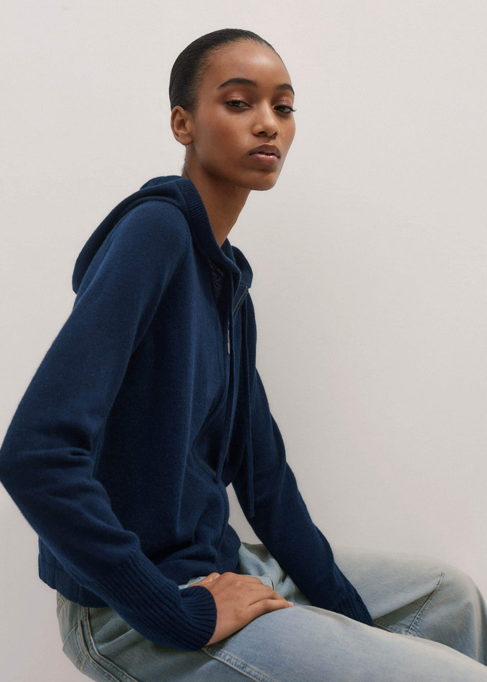 Navy Cashmere Relaxed Fit Box Zip Hoodie meandem
