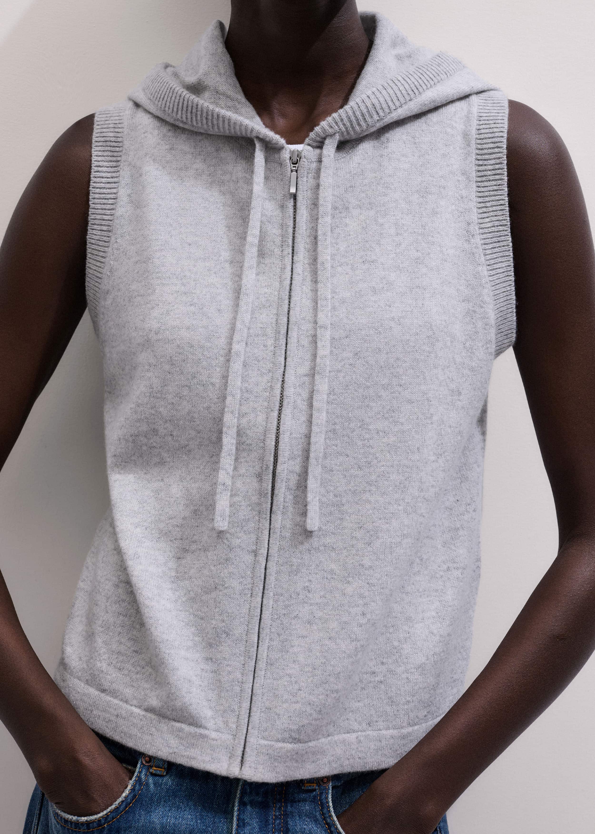 Gray Cashmere Sleeveless Relaxed Zip Hoodie meandem