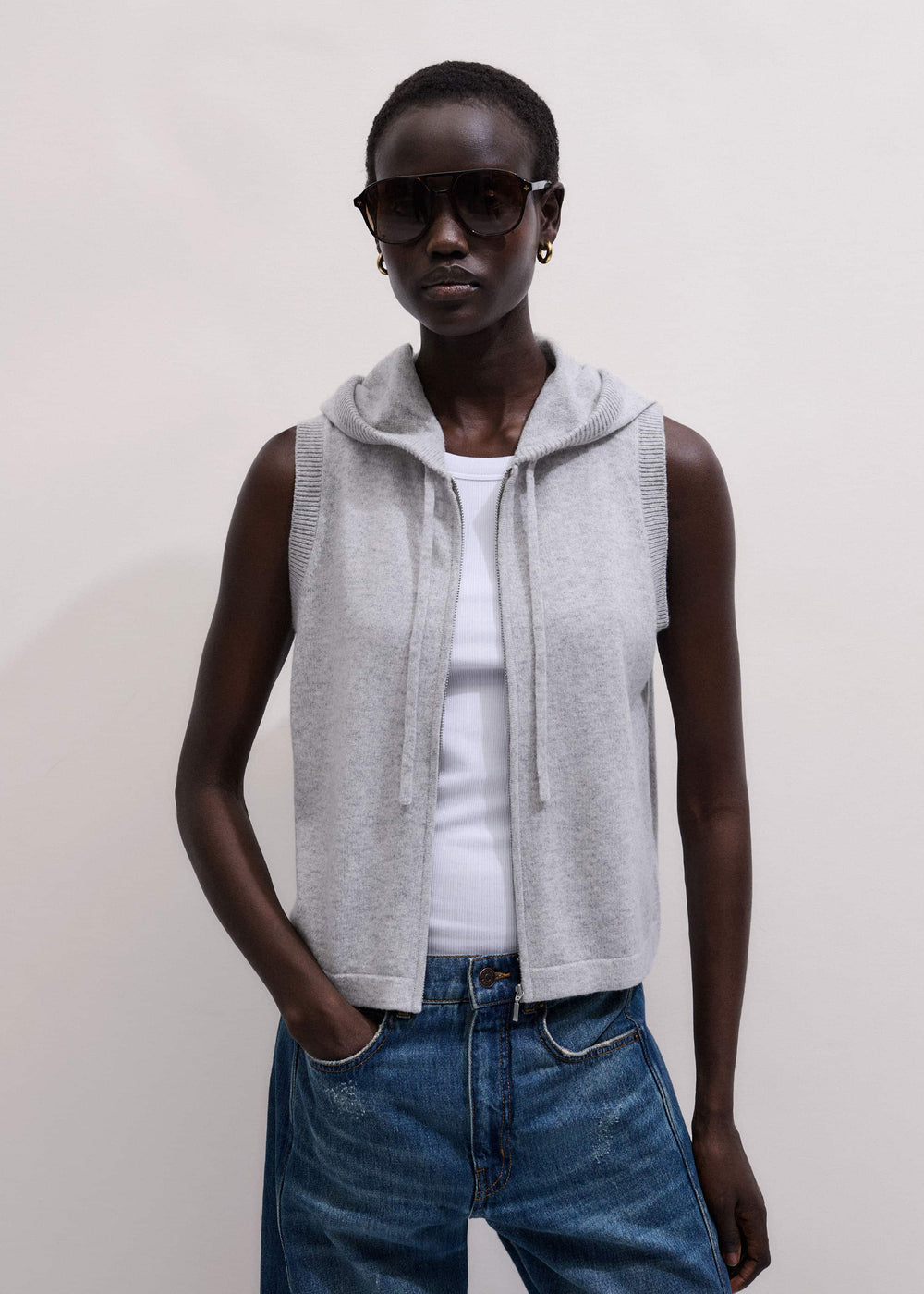 Gray Cashmere Sleeveless Relaxed Zip Hoodie meandem