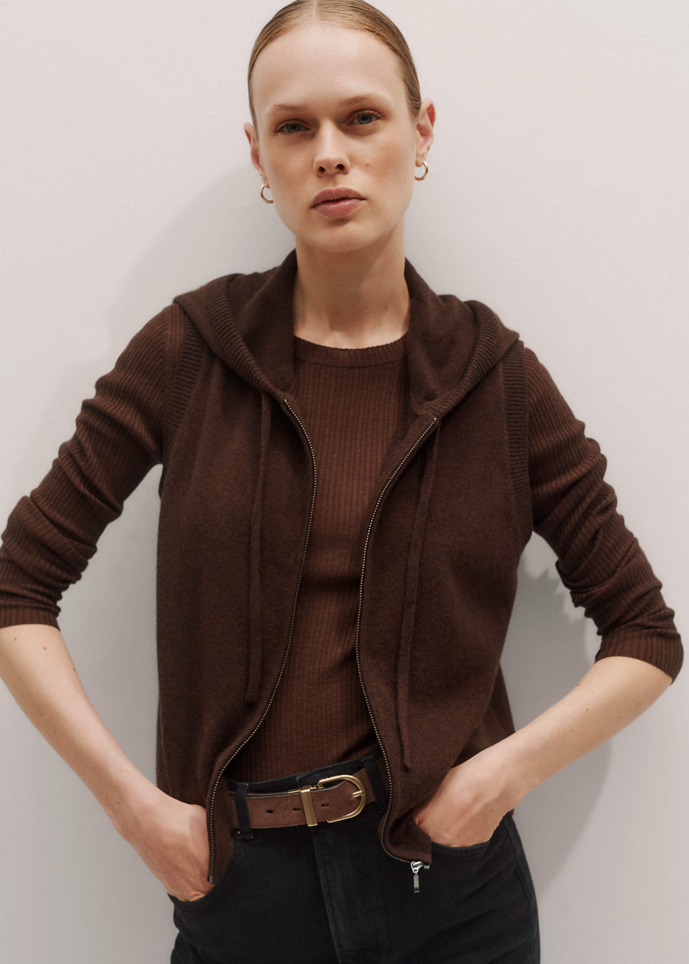 Brown Cashmere Sleeveless Relaxed Zip Hoodie meandem