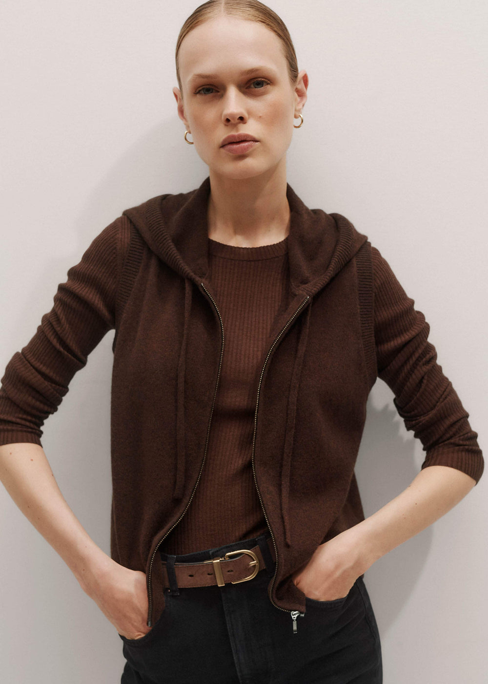 Brown Cashmere Sleeveless Relaxed Zip Hoodie meandem